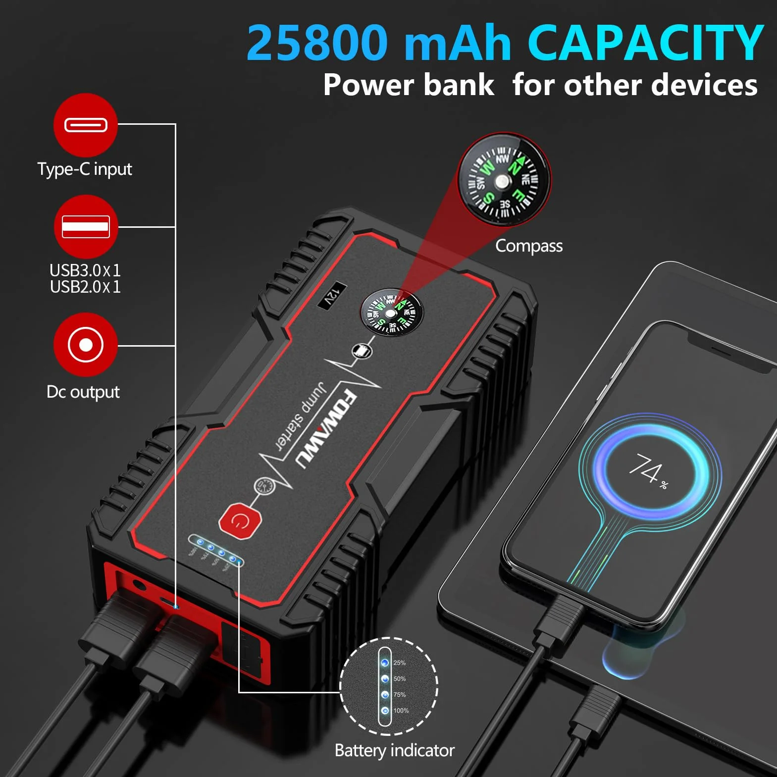 FOWAWU 5000A Peak 25800 mAh wodoodporny rozrusznik samochodowy (do 10 l gazu, 8 l silnik wysokoprężny) z wyświetlaczem LED mocy, USB 3.0 Quick Charge, przenośnym zasilaczem 12 V…