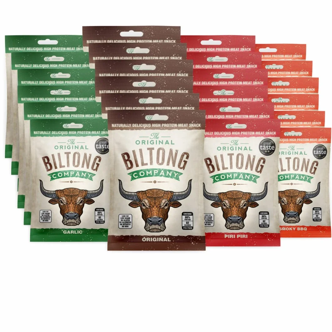THE ORIGINAL BILTONG COMPANY Podwójne pudełko na smak cztery smaki oryginalne smoky BBQ Piri Piri czosnek zdrowe przekąski wysokiej zawartości białka brytyjska irlandzka wołowina 24 x 30 g