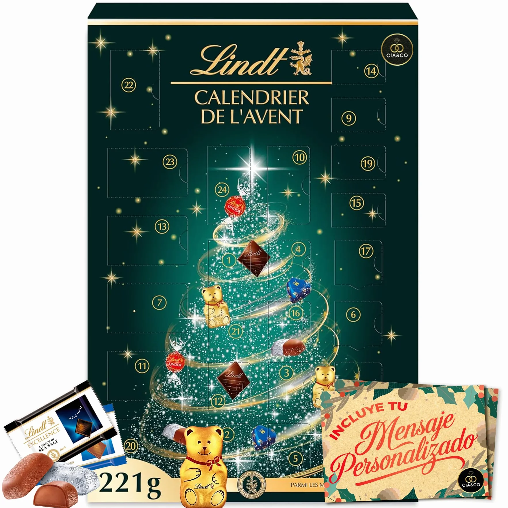 Kalendarz Adwentowy LINDT 2025 Choinka · 24 Szwajcarskie Czekoladki Lindor & Excellence · Zestaw Gourmet z Misiami, Sercami i Pralinami · Z Personalizowaną Kartką Cia&Co 221 g · Idealny Prezent Świąte