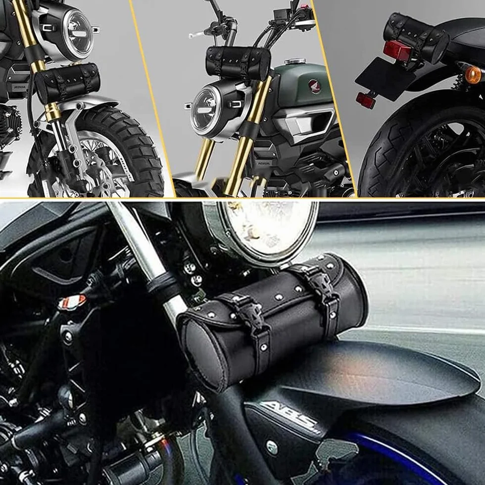 Sakwy motocyklowe, uniwersalna wodoodporna okrągła torba na narzędzia motocyklowe ze skóry PU z 2 paskami montażowymi, torba na siodełko motocyklowe, czarna