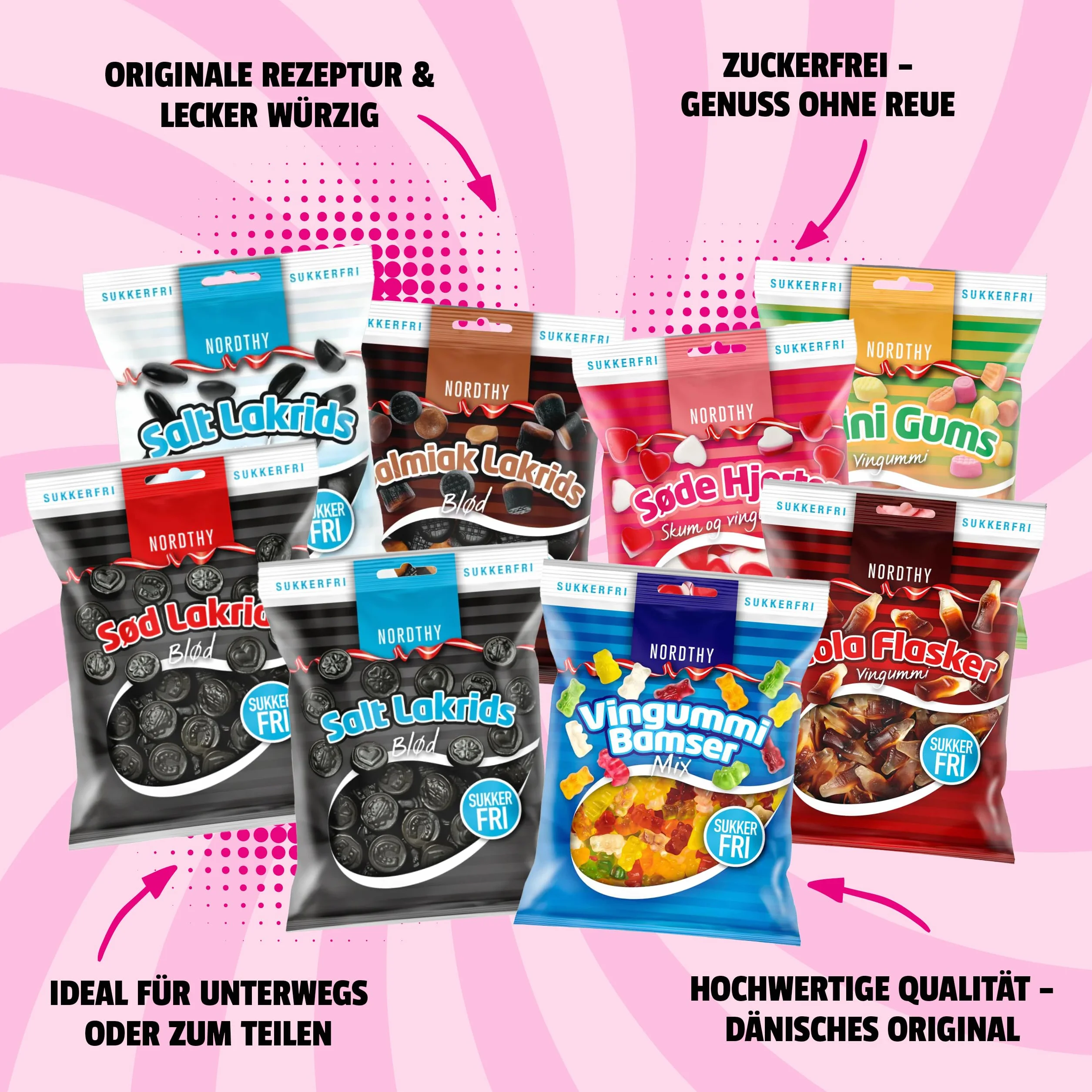 Nordthy Bezcukrowa Mieszanka Lukrecji i Słodyczy 570g – Oryginalne Duńskie Wino-Gumy/Żelki Owocowe bez Cukru – Low Calorie Misie Żelki/Lukrecja/Słona Lukrecja/Salmiak – Słodycze dla Diabetyków