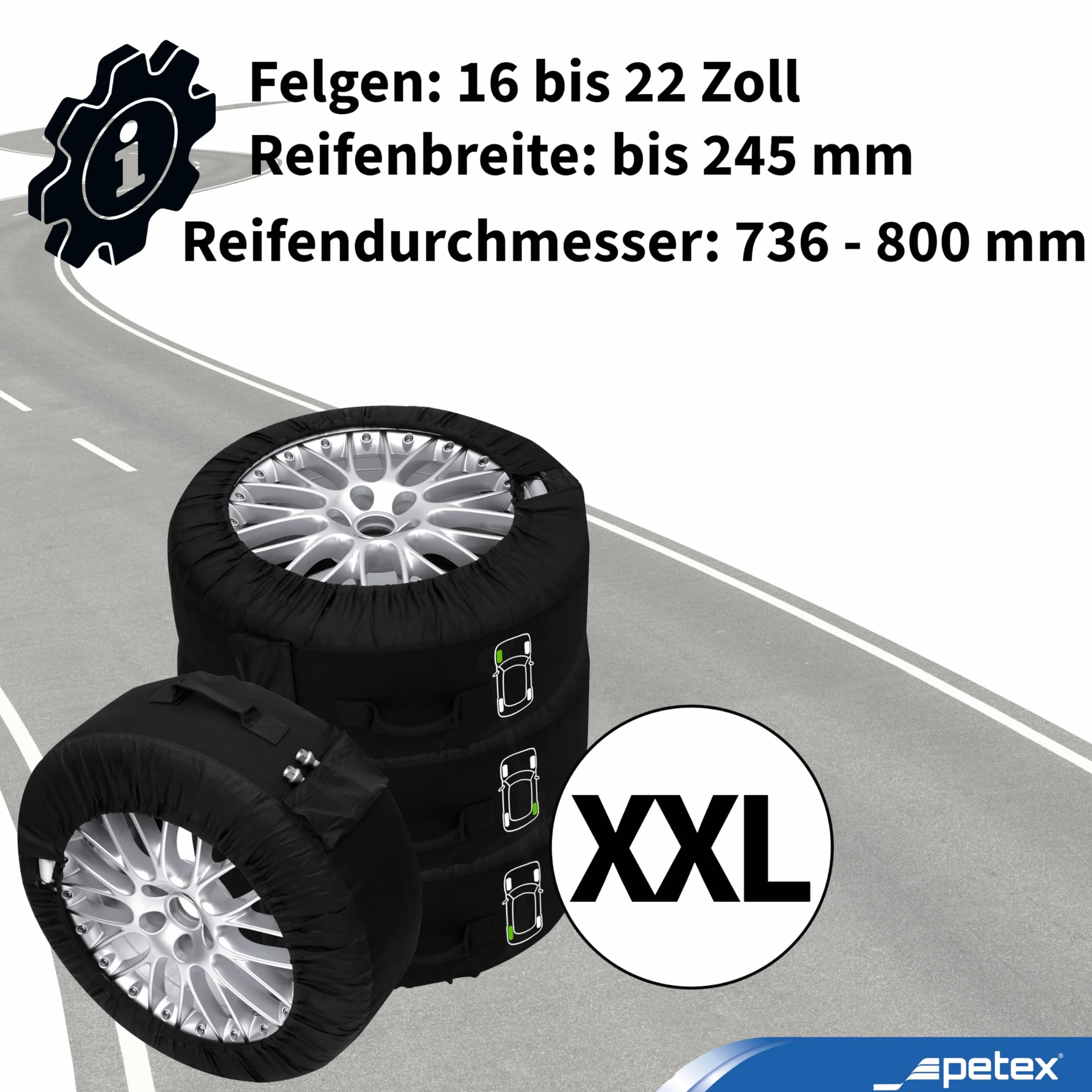 PETEX Zestaw toreb na opony, czarny, różne rozmiary (XXL/od Ø 736 mm do 800 mm)