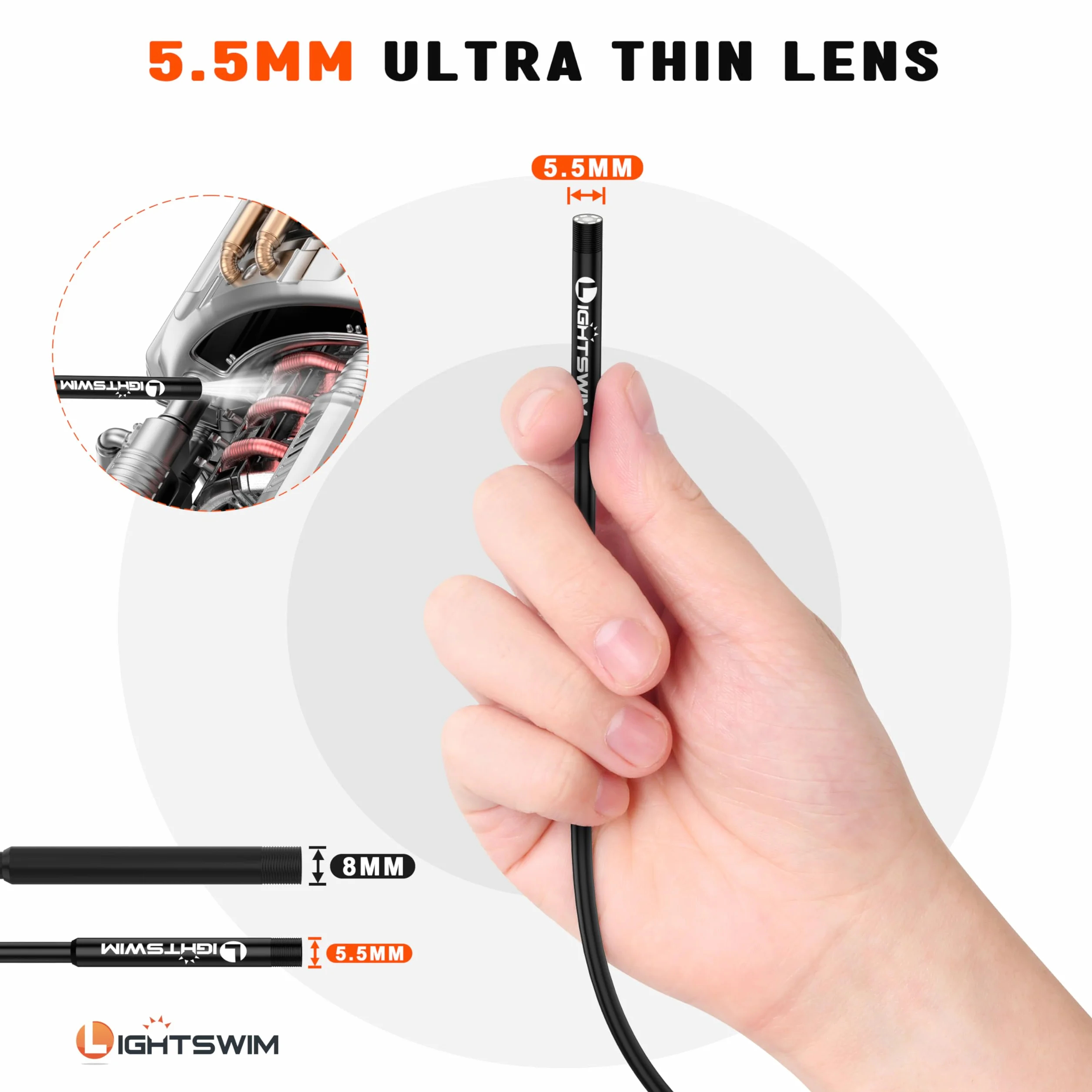 5,5 mm 1920P endoskopowa kamera inspekcyjna węża, boroskop Lightswim typu C, kamera z 8 diodami LED do smartfonów z systemem Android i iOS, iPhone'a, iPada, Samsunga (5 m)