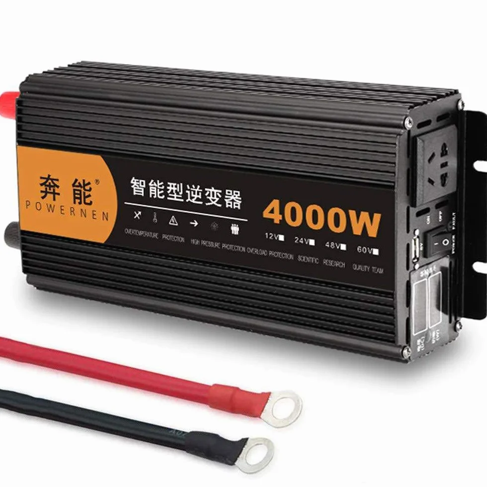 Przetwornica napięcia samochodowego DC 12 V 24 V na AC 230 V Falownik 4000 W Przetwornik napięcia czystej fali sinusoidalnej z gniazdem AC i złączami USB Cyfrowy wyświetlacz LED, 12 V (12 V)