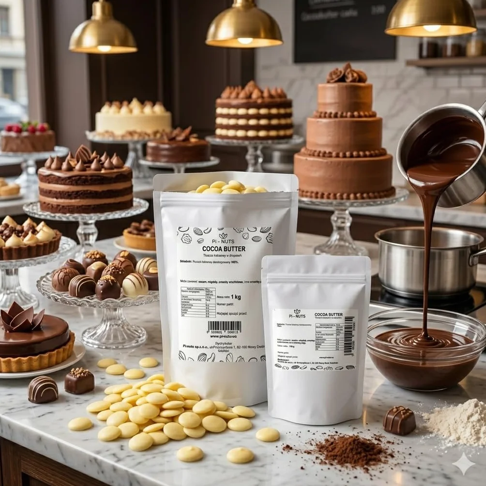 Tłuszcz kakaowy (masło kakaowe) w dropsach 100 g - 100% deodoryzowane, rafinowane, do deserów i kosmetyków