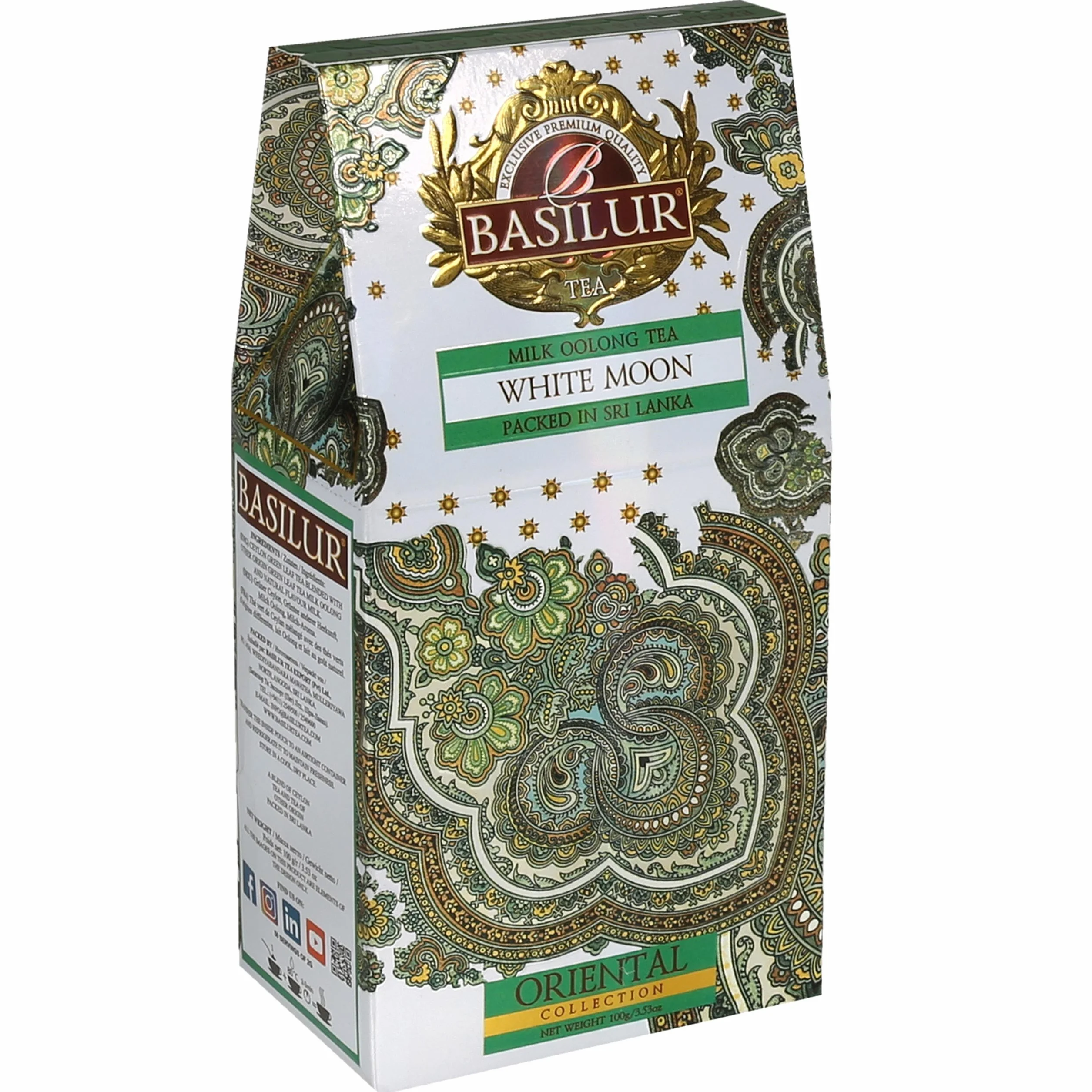 BASILUR White Moon Zielona herbata cejlońska liściasta z dodatkiem mlecznego aromatu, 100 g (x1)
