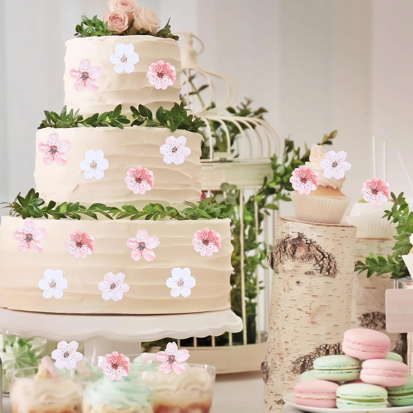 Jadalne ozdoby na babeczki z kwiatami wiśni, jadalne kwiaty wiśni, dekoracje, ciasto, papierowe, kwiaty, babeczki, na ślub, baby shower, przyjęcie urodzinowe, materiały rocznicowe, 75 szt