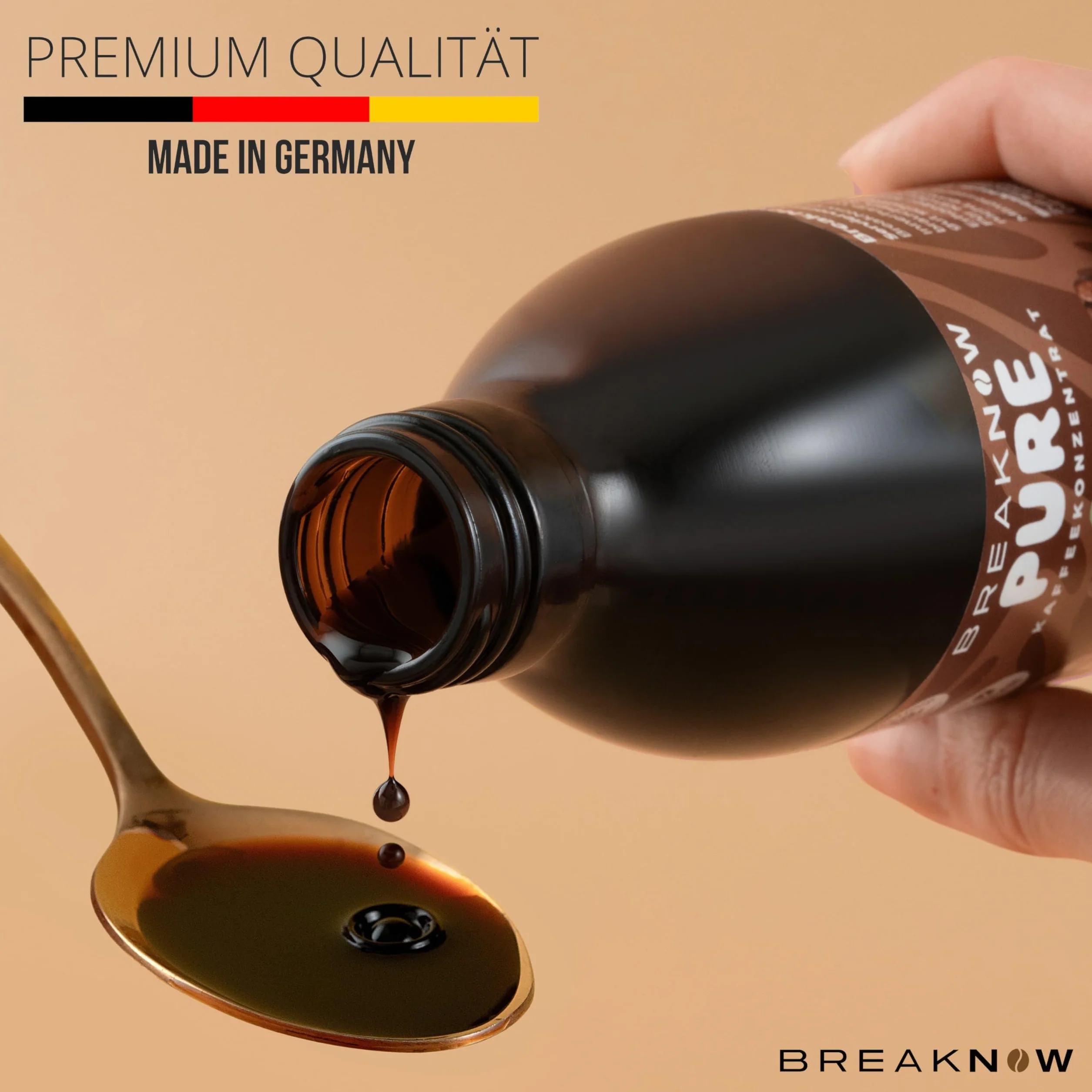 BreakNow – Caramel Macchiato – koncentrat kawy – o pysznym karmelowym aromacie – syrop kawowy, do kawy mrożonej, Cold Brew, Cappuccino, Frappé itd. – kawa gotowa w zaledwie 10 sekund – 1 butelka = 30