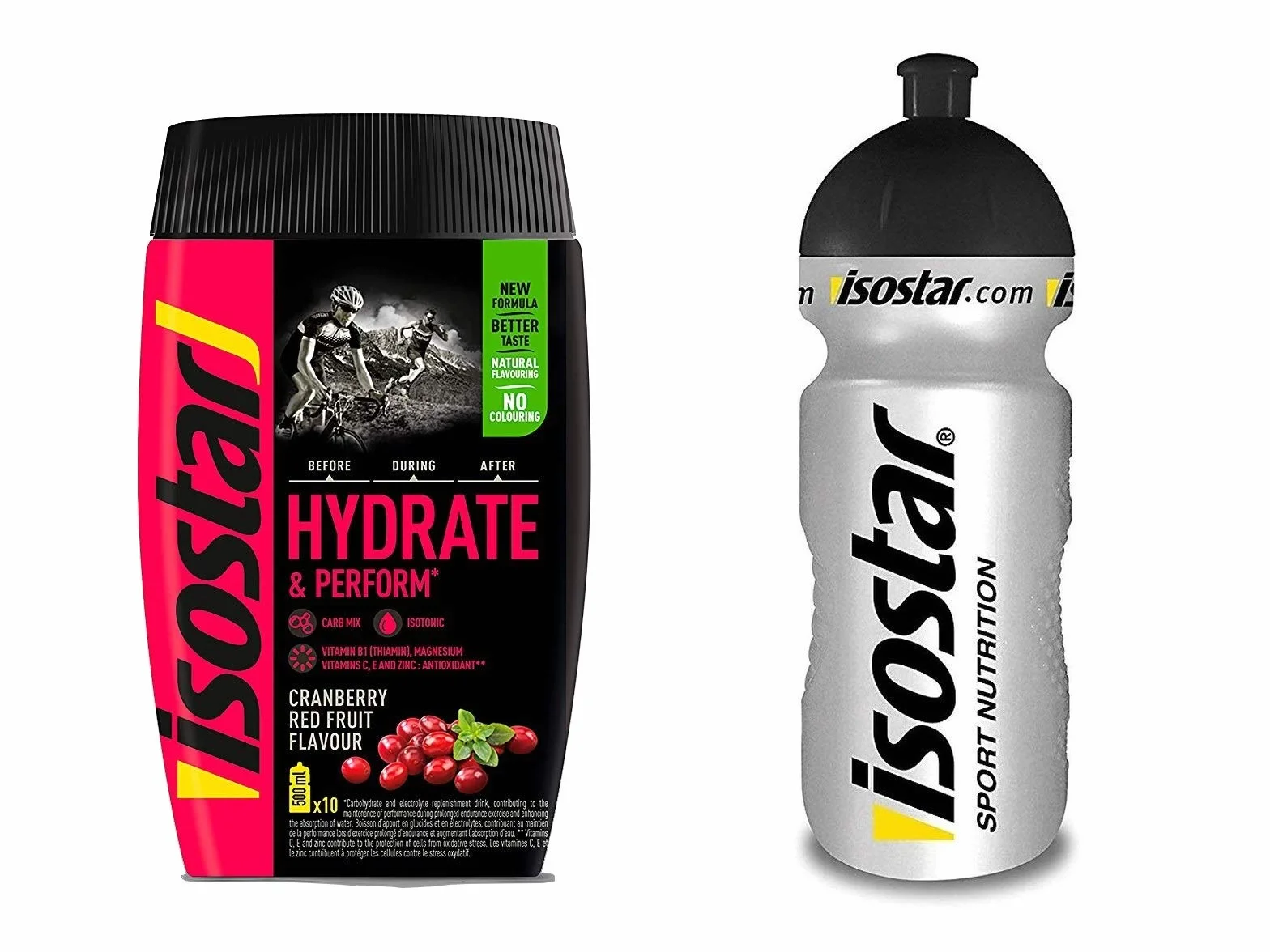 Isostar Hydrate & Perform Iso Drink – 400 g izotonicznego proszku do napojów – proszek elektrolitowy do wspierania sportowej wydajności – żuraberry + butelka 0,5 litra
