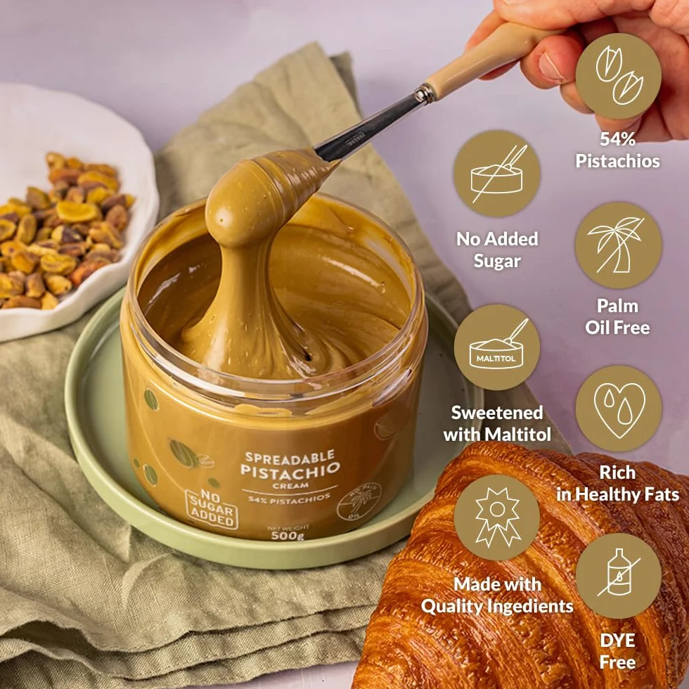 ORIGONUTS - Krem Pistacjowy - Pasta Pistacjowa 54% pistacji, słodzona maltitolem, bez cukru i oleju palmowego - do ciast, ciasteczek, tortów, kremów, deserów, do lodów - 500g