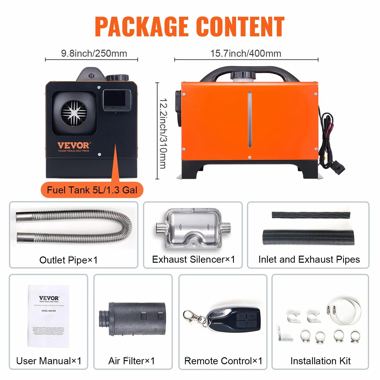 VEVOR Podgrzewacz powietrza Diesel All-in-One 12V 5KW 8℃-36℃ Pilot zdalnego sterowania