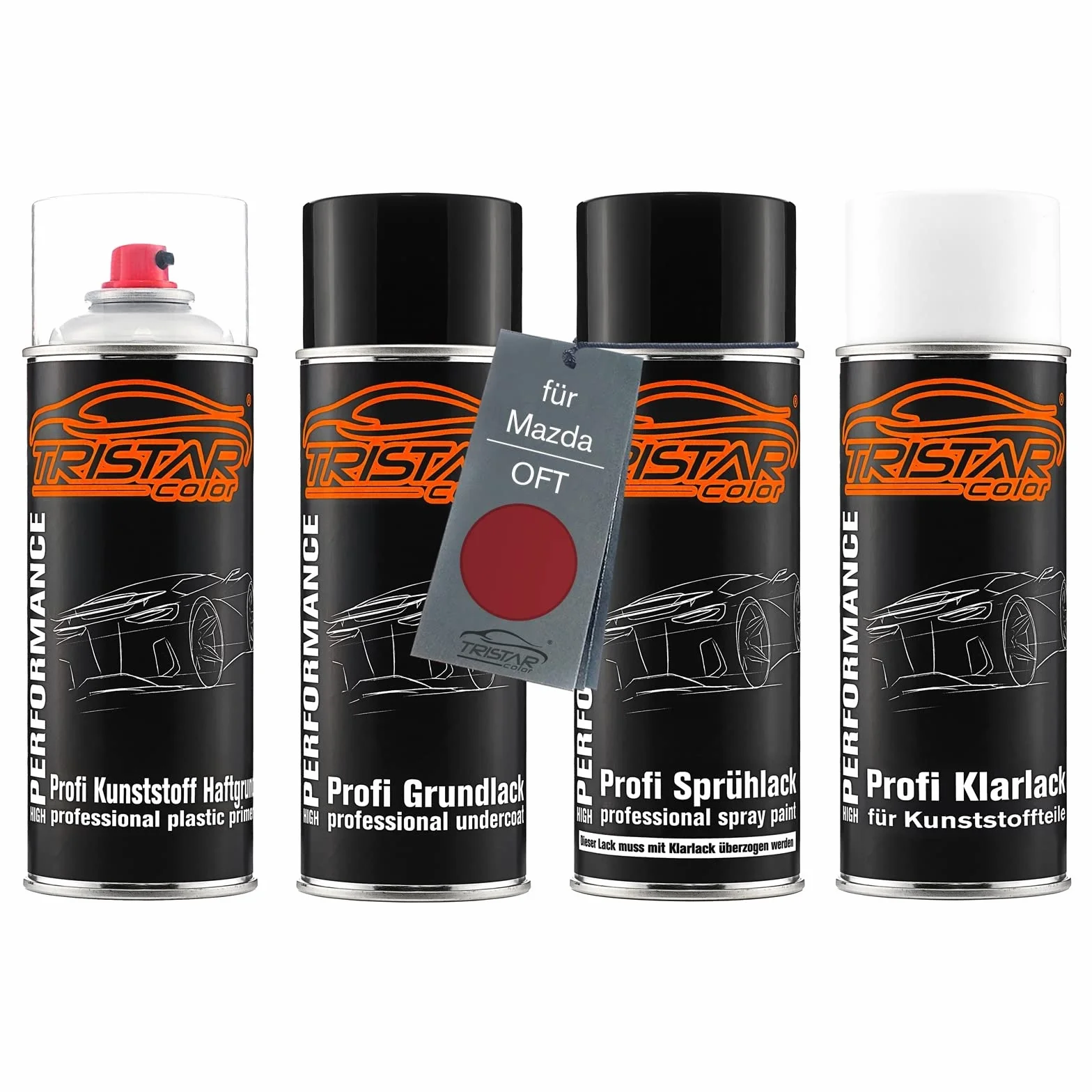 TRISTARcolor Zestaw w sprayu Lakier samochodowy do tworzywa sztucznego dla Mazda OFT Radiant Red Perl podkladu przyczepnego lakieru bazowego lakieru bezbarwnego z miekkim dodatkiem