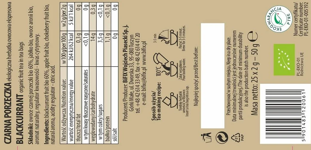 Bifix Ekologiczna Owocowa Herbata, Czarna Porzeczka, 25 sztuk