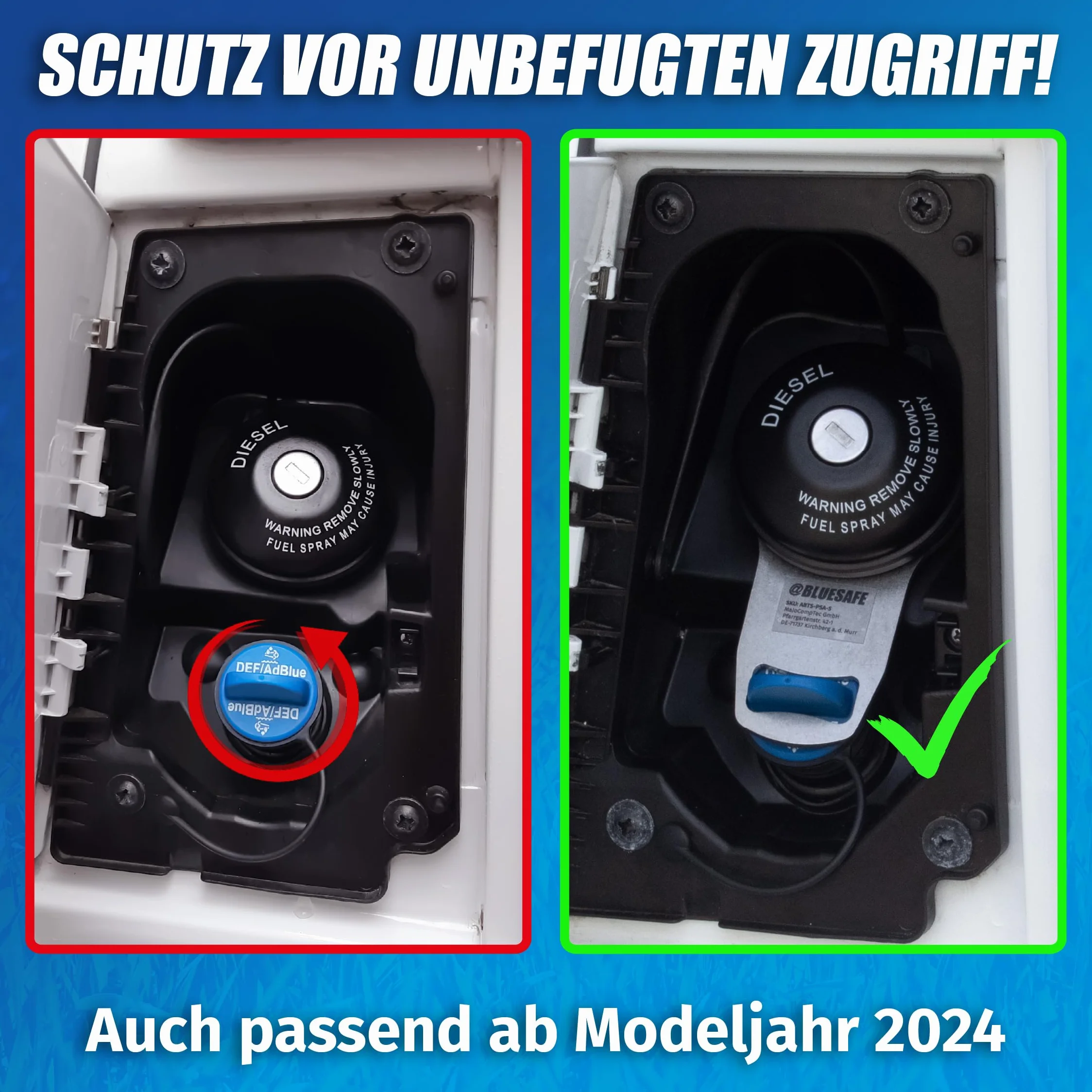 MaJoCompTec ADBLUESAFE zabezpieczenie korka wlewu paliwa AdBlue ze stali nierdzewnej Boxer Jumper Ducato