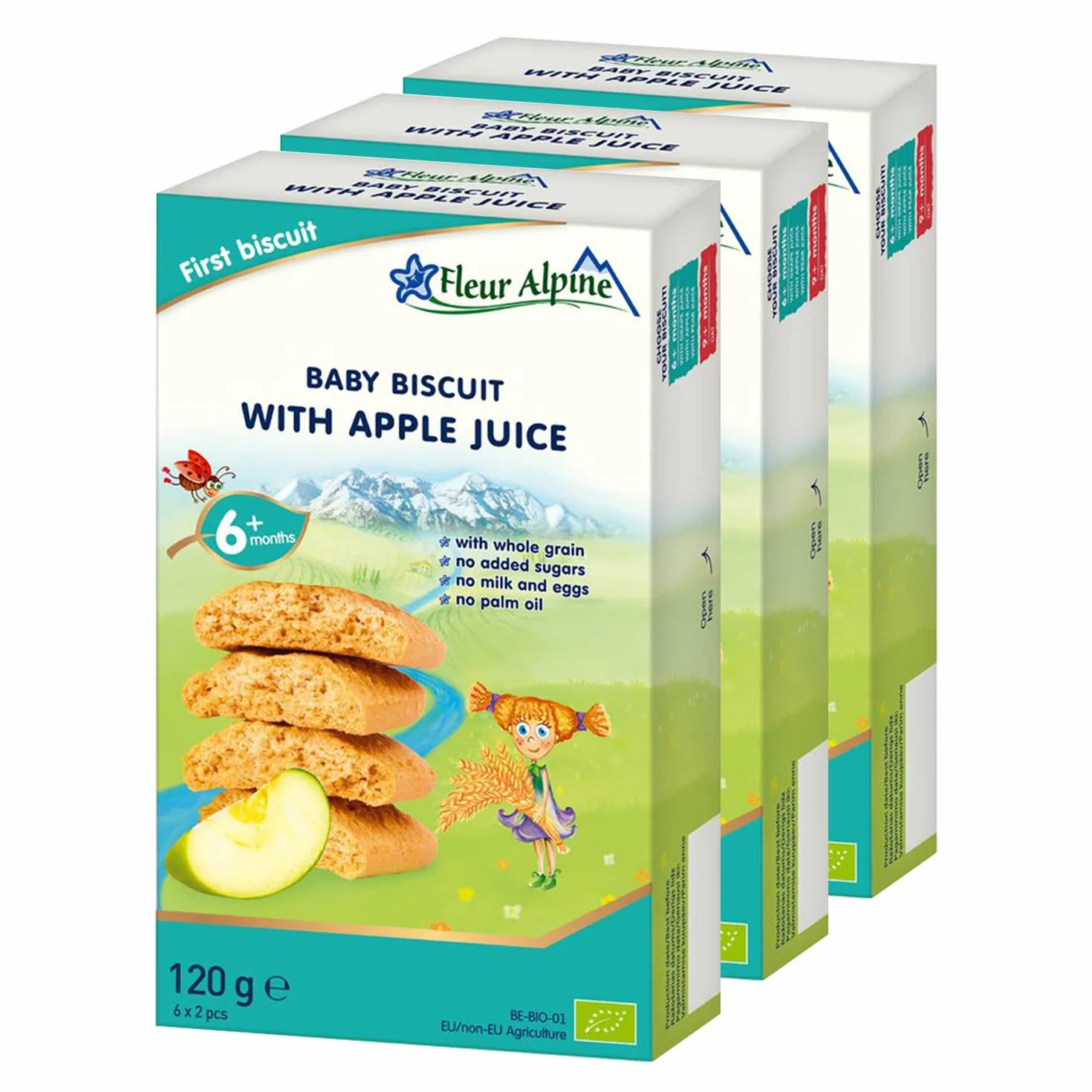Fleur Alpine Baby Herbatniki z Sokiem Jabłkowym 18 x 2 Pełnoziarniste Ciasteczka dla Niemowląt 6 miesięcy
