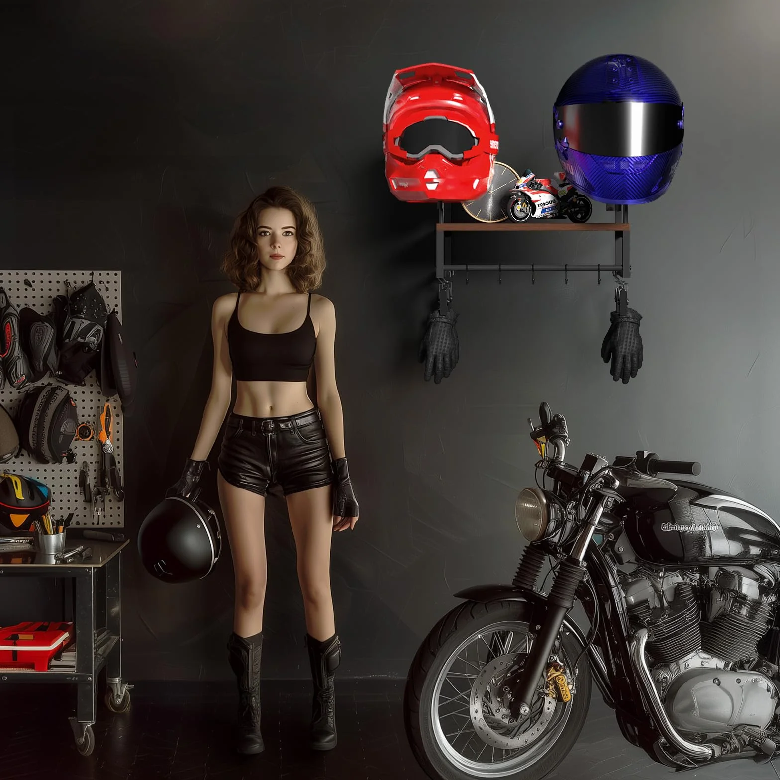 Uchwyt ścienny kask motocyklowy, uchwyt ścienny w stylu retro, organizer ekspozycyjny z akcesoriami motocyklowymi z 2 stojaki na kask taktyczny, do piłki nożnej i sprzętu rowerowego