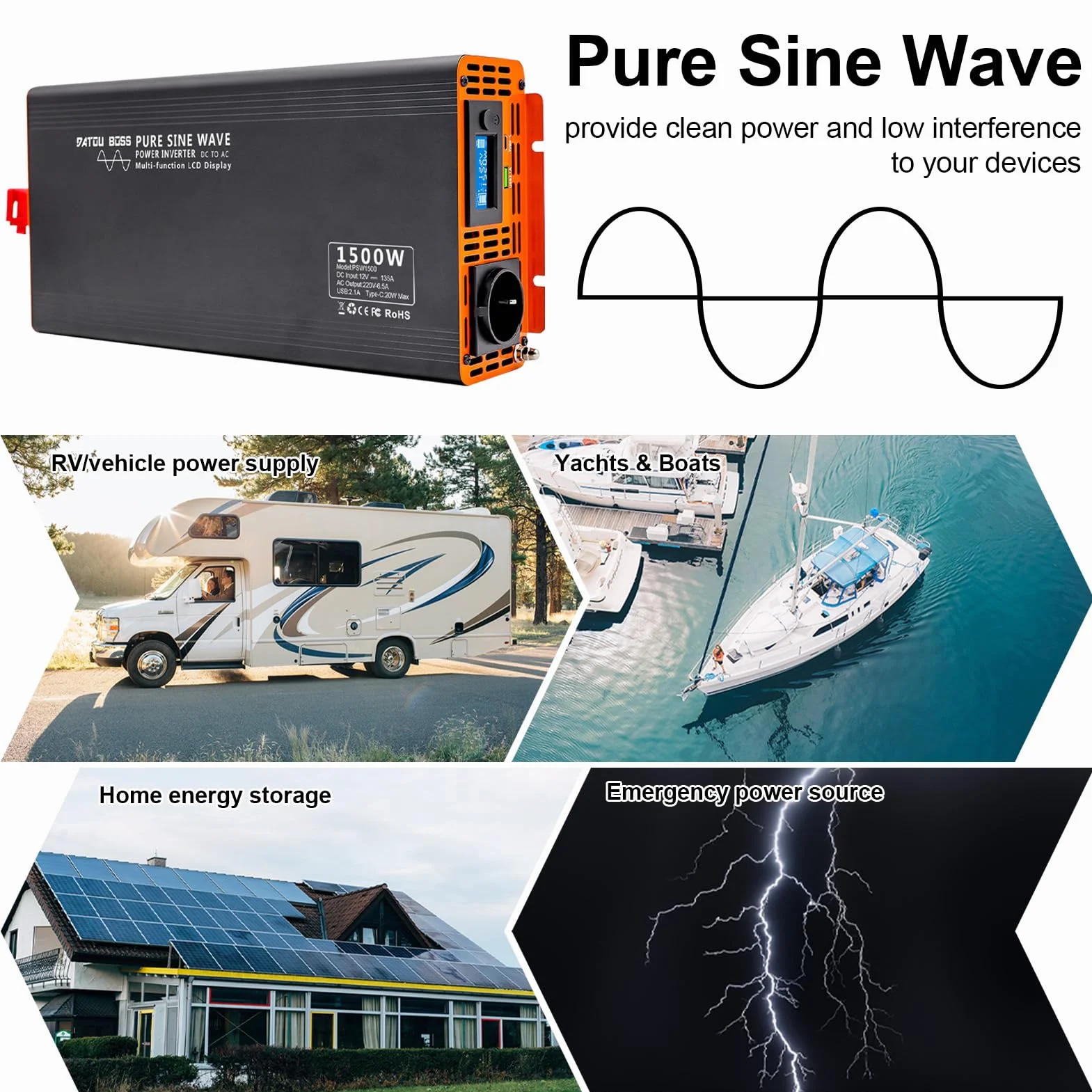DATOUBOSS Falownik Czysty Sinus 1500W DC 12V na AC 230V Przetwornica Napięcia, z ekranem LCD & Pilotem Zdalnego Sterowania USB & Type-c pilot &1 x Gniazda AC do Przyczep Kempingowych