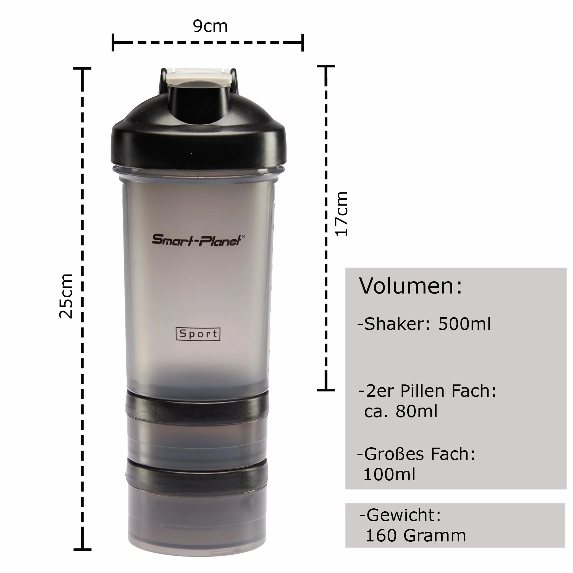 Smart-Planet Shaker 500 ml z przegródkami na suplementy, bez BPA, do mycia w zmywarce