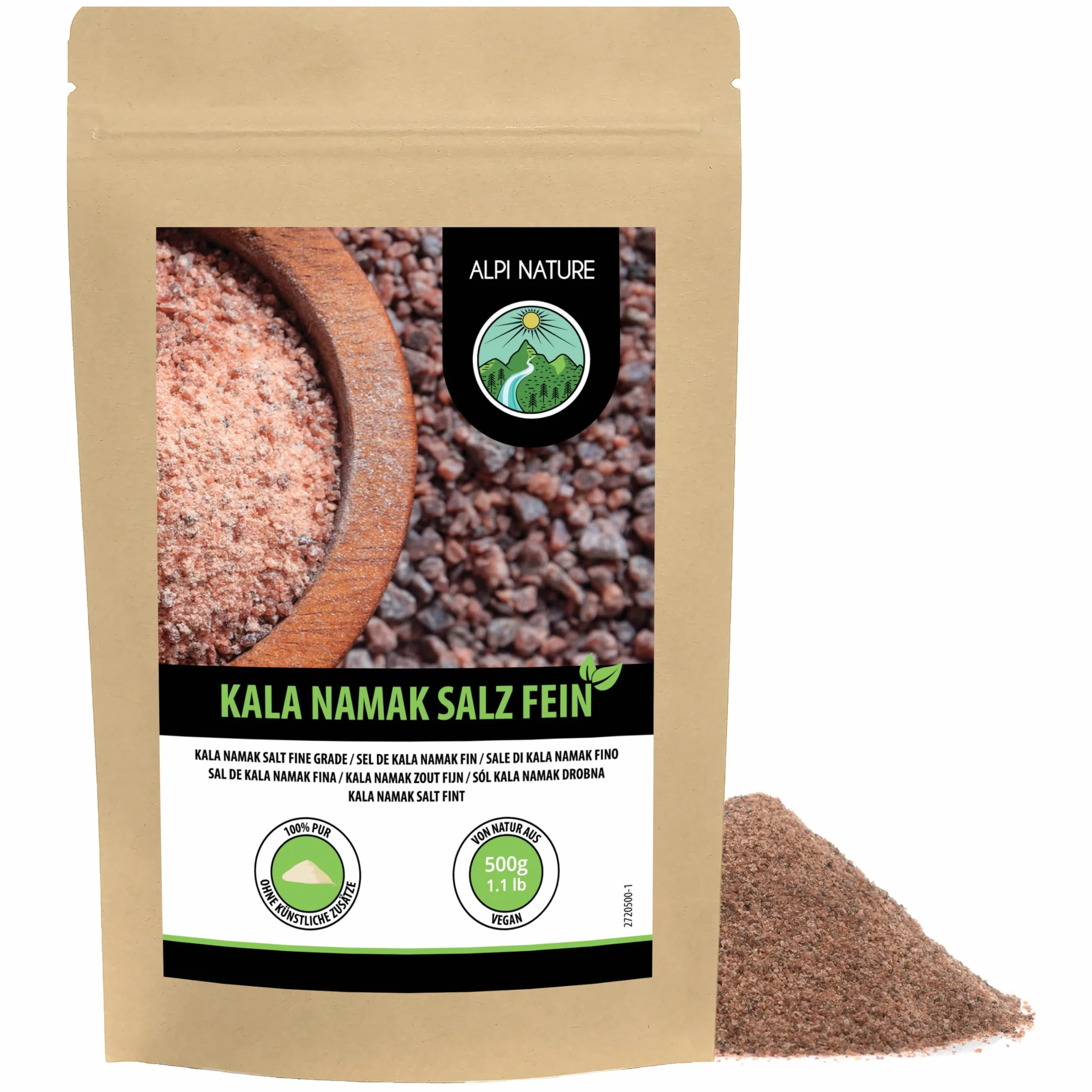 Alpi Nature Drobna Sól Kala Namak 500g, Naturalna Czarna Sól Kamienna Kala Namak Drobna