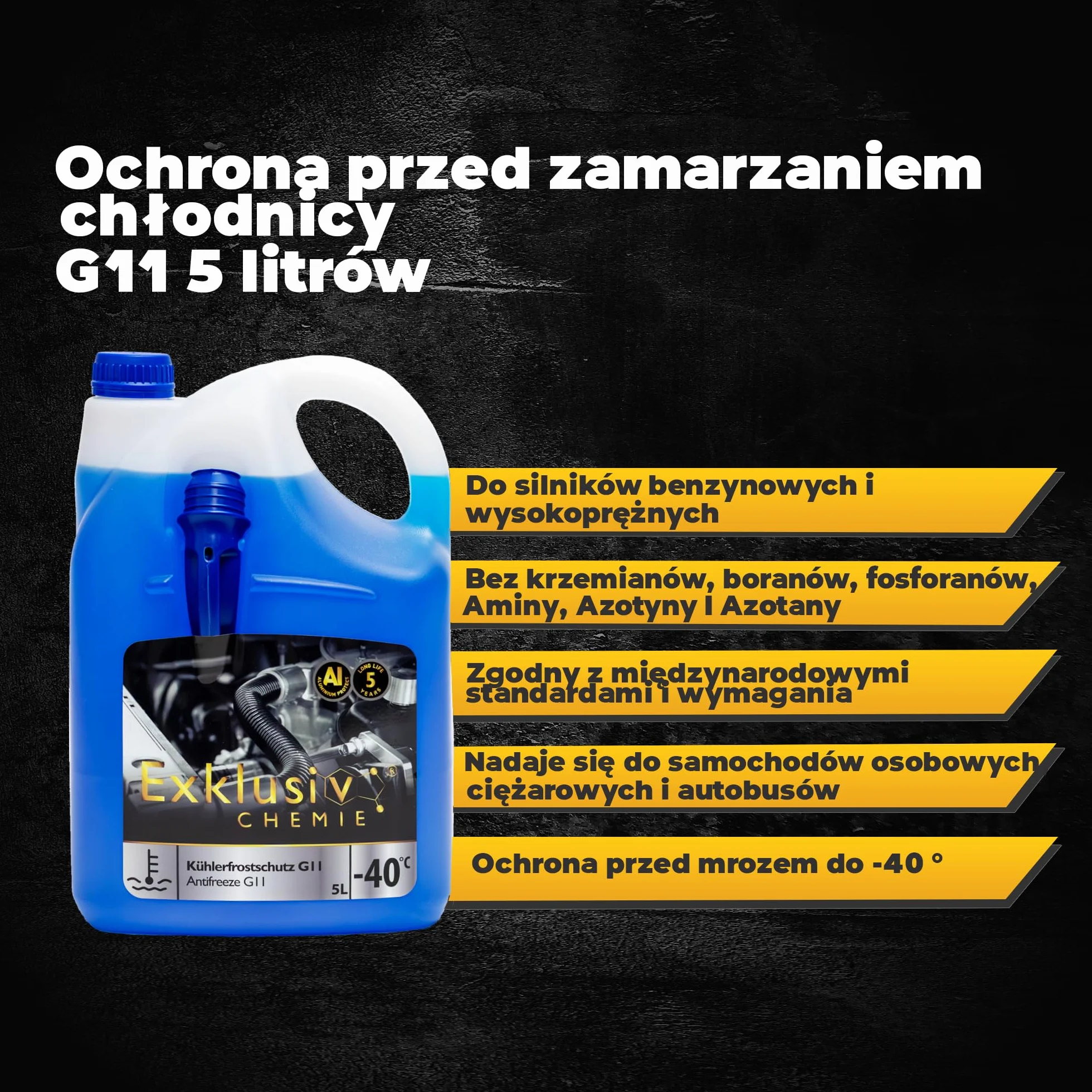 Exklusiv Chemie G11 Płyn chłodniczy do -40 °C – 5 litrów – 5 lat | Antifreeze do silnika | Płyn chłodzący G11 niebieski | Gotowy do użycia | z lejkiem do napełniania