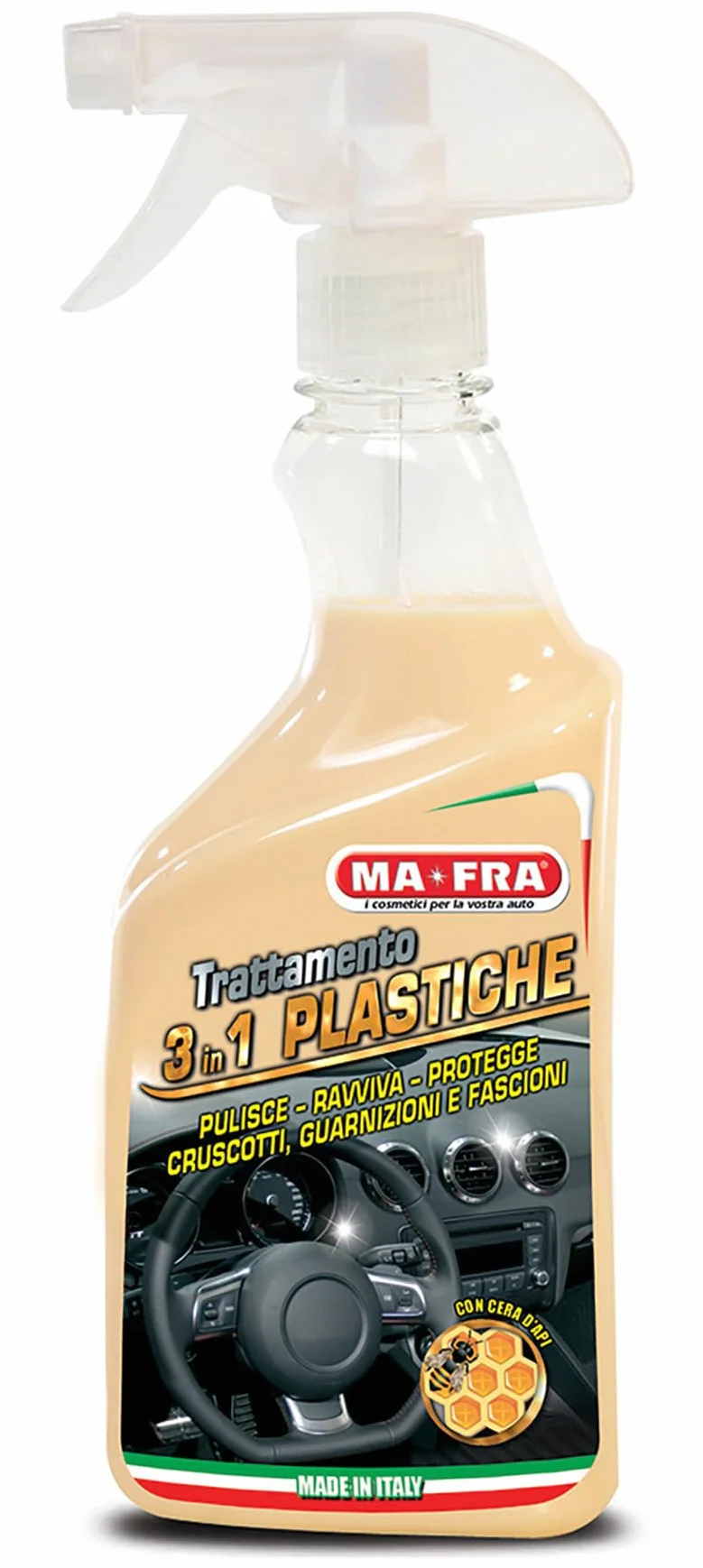 Ma-Fra, czyszczenie tworzyw sztucznych 3 w 1, oczyszcza, ożywia i chroni wewnętrzne części samochodu, tworząc barierę anty-UV, format 500ml