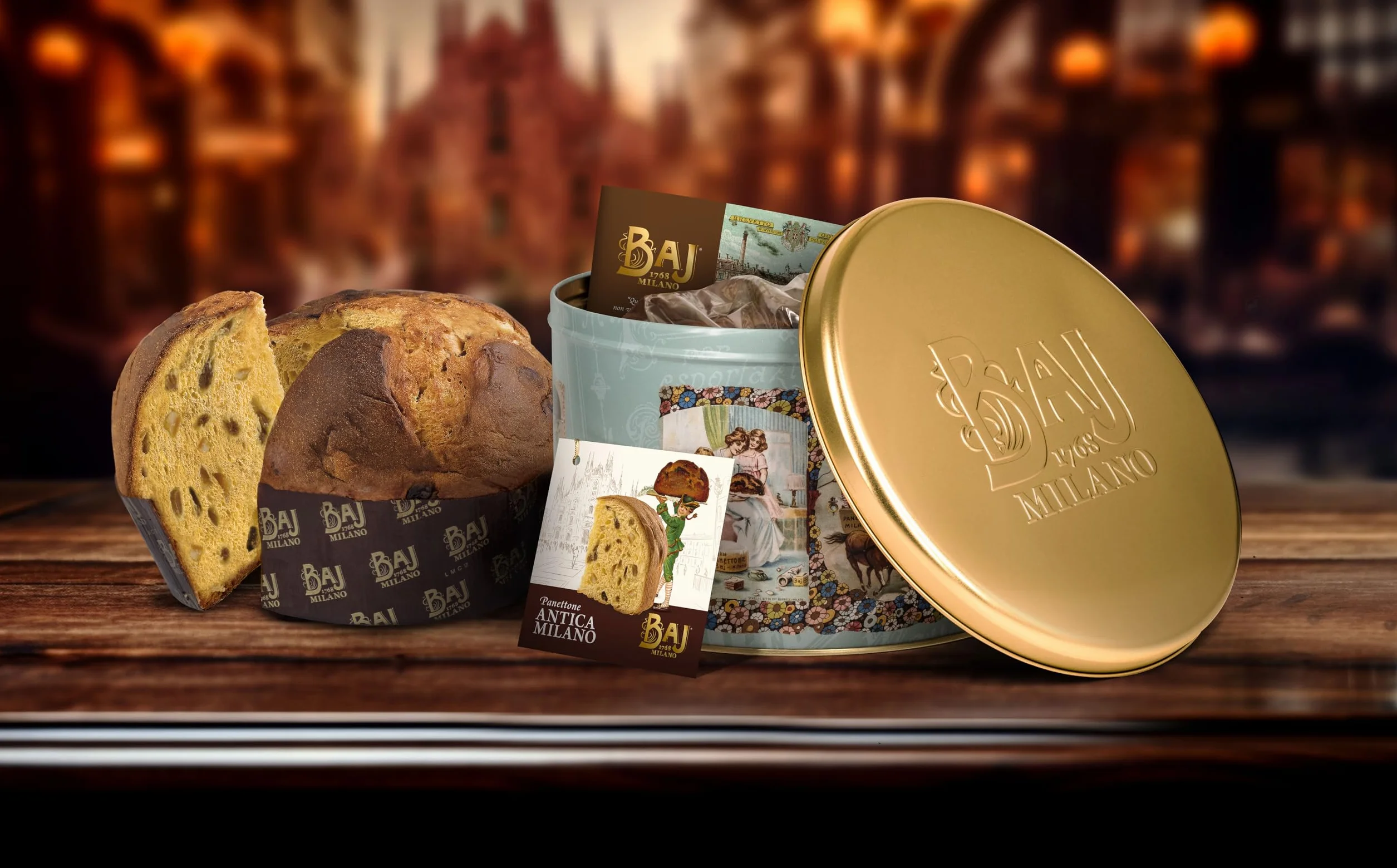 baj 1768 - Panettone Antica Mediolan 1 kg - W blaszanym pudełku z historyczną książeczką - tradycyjny przepis Mediolan