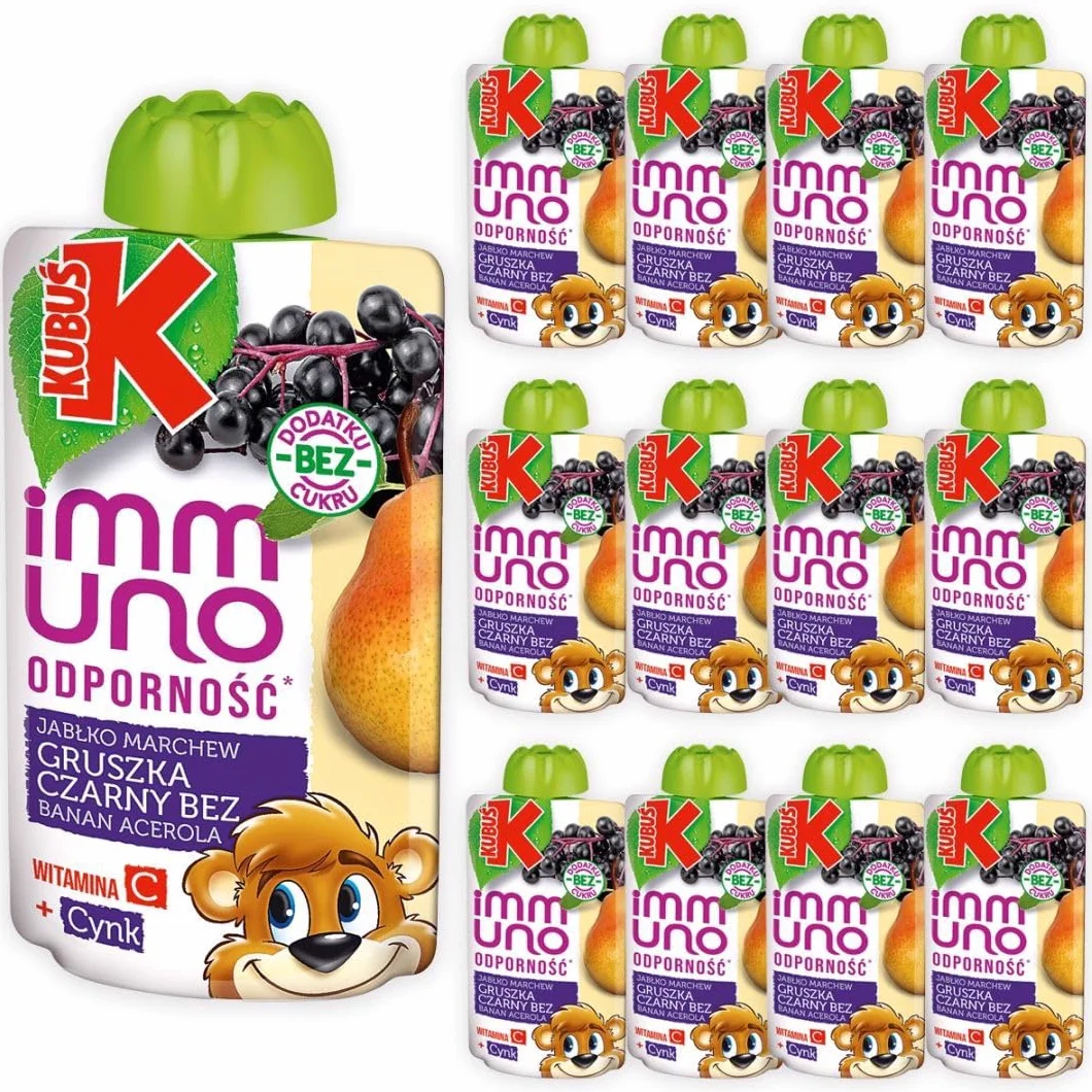 KUBUŚ Immuno Mus Owocowo-Warzywny, Gruszka-Czarny Bez-Jabłko-Marchew-Banan-Acerola, Bez Cukru, Z Witaminą C i Cynkiem, 12 x 100g