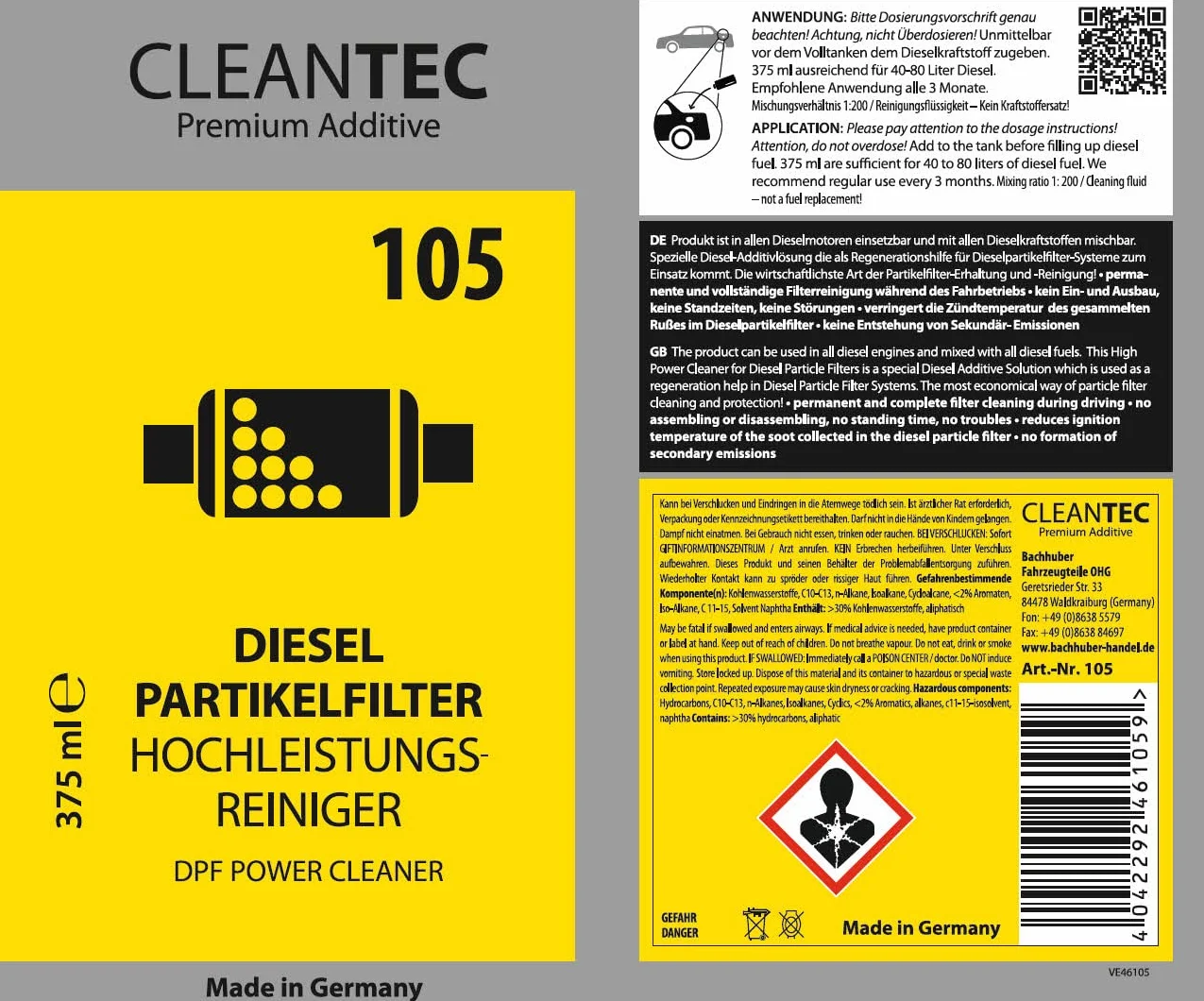 CleanTEC 105 profesjonalny środek czyszczący do filtrów cząstek stałych, wysokowydajny środek czyszczący i ochrona do filtrów DPF, diesla i oleju napędowego, 375 ml (1 l/35,27 euro) (4)