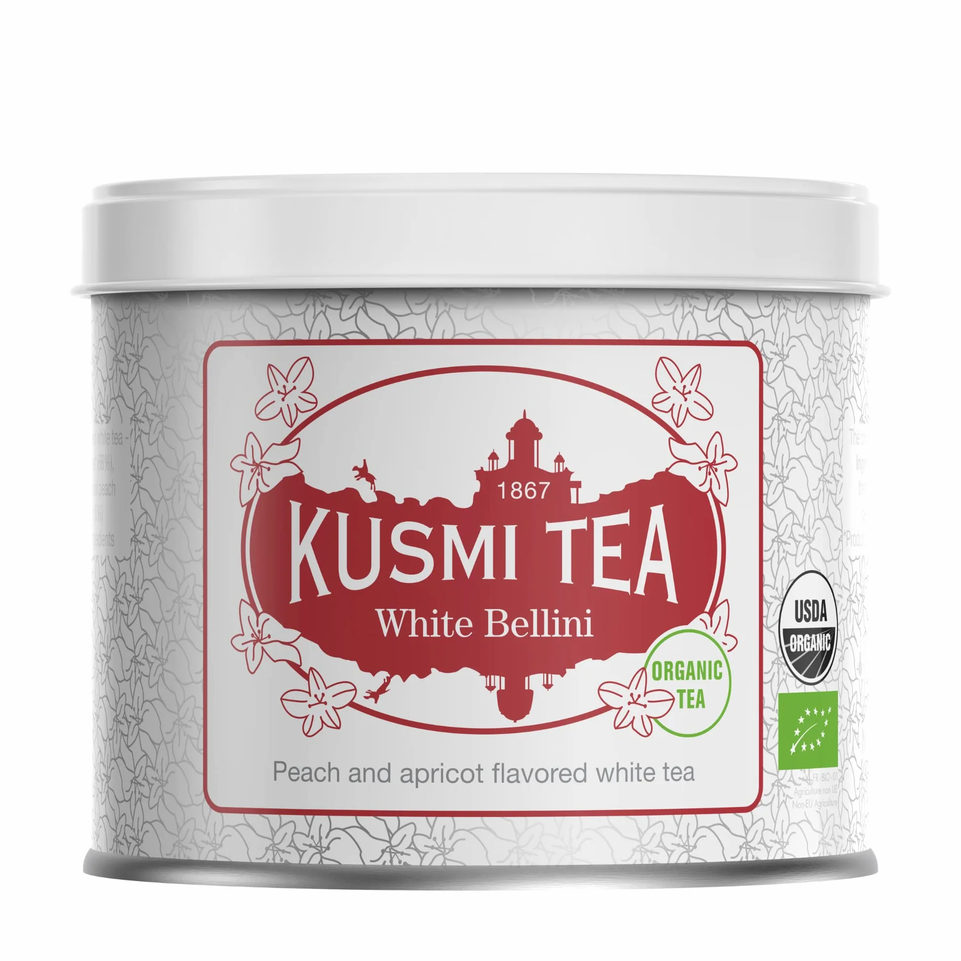 Kusmi Tea White Bellini organiczna biała herbata o smaku brzoskwini i moreli metalowa puszka 90 g