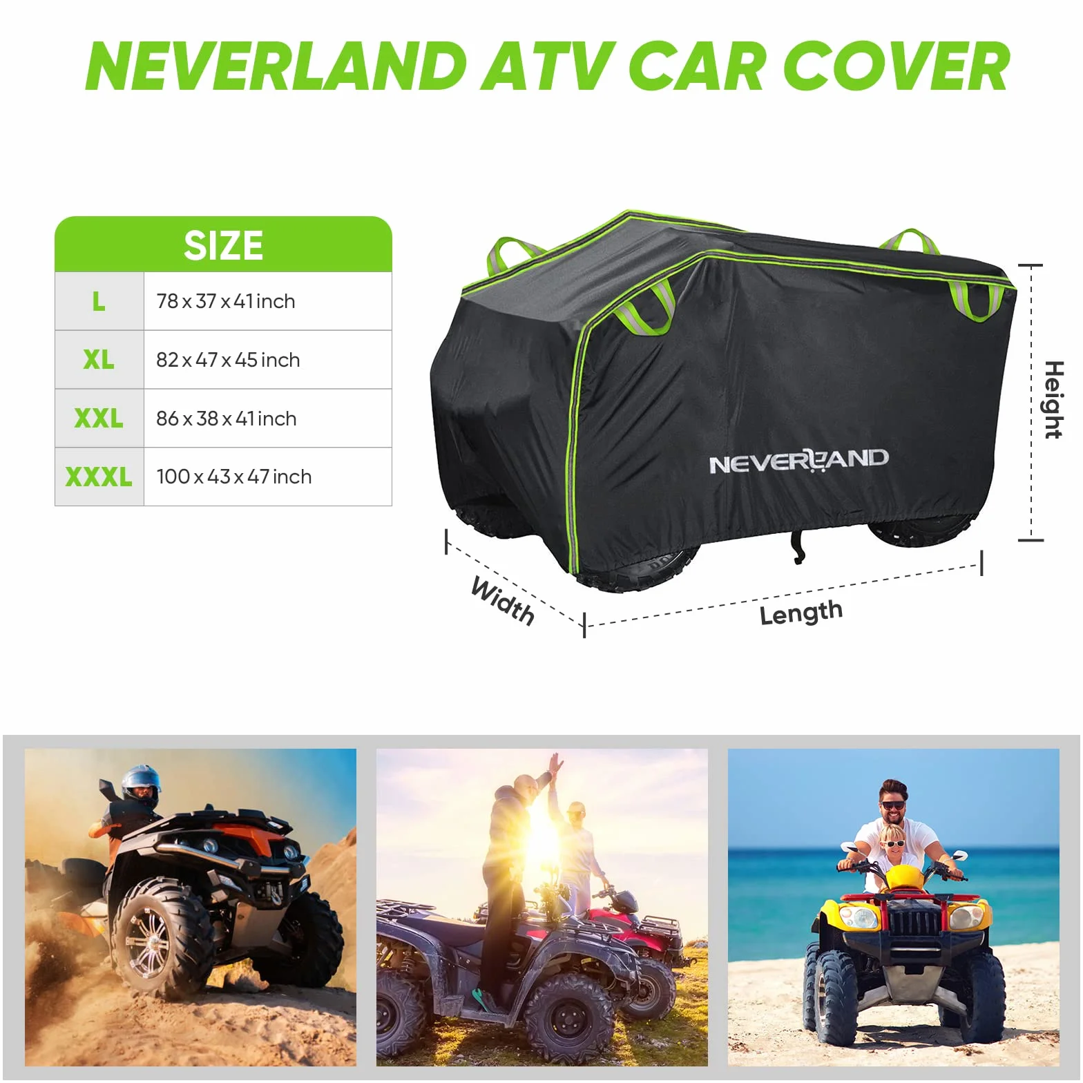 NEVERLAND Pokrowiec na ATV, wodoodporny, na zewnątrz, wytrzymały pokrowiec na 4 koła z odblaskowymi paskami, ochrona przed wiatrem, śniegiem, ochrona przed promieniowaniem UV, pyłoszczelna osłona