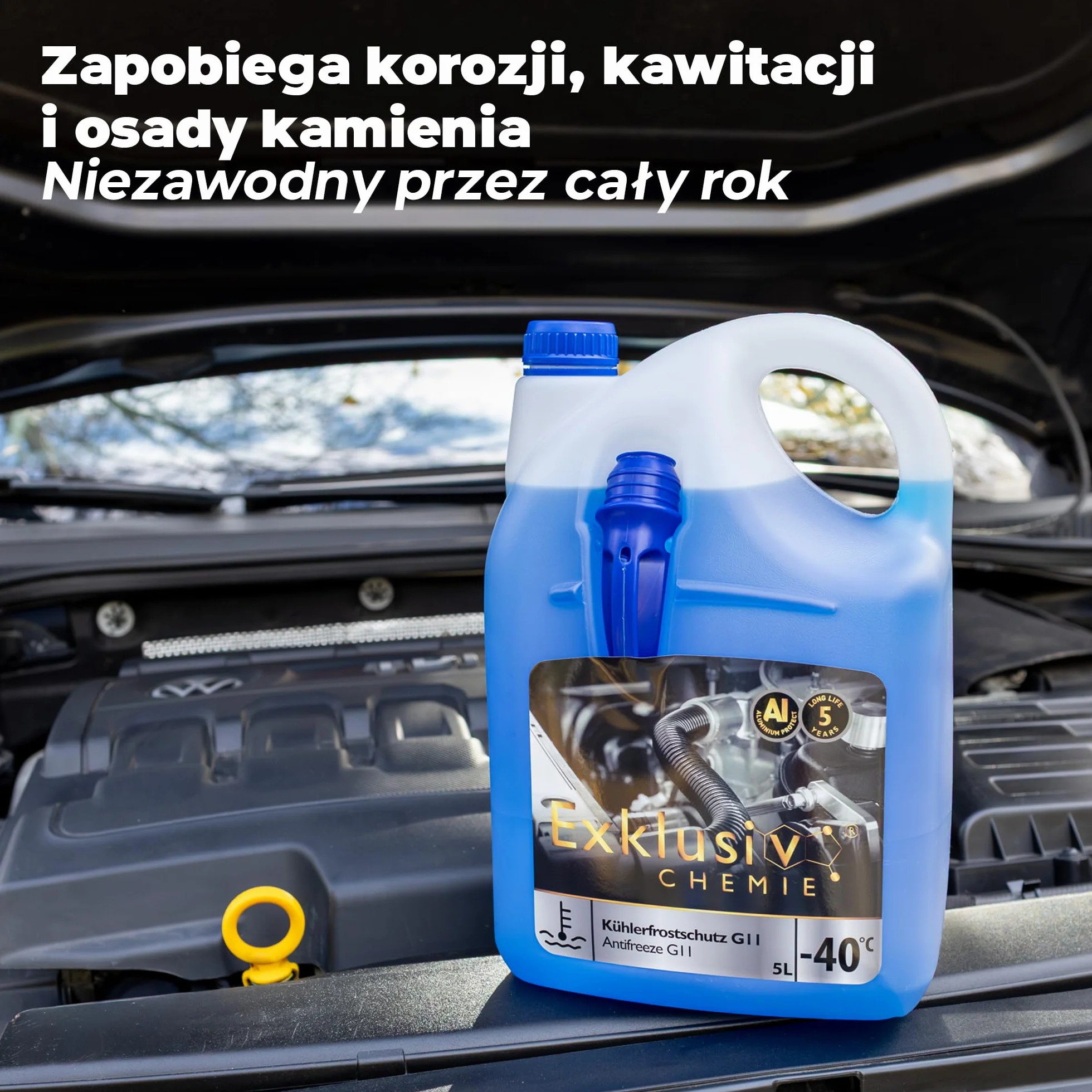 Exklusiv Chemie G11 Płyn chłodniczy do -40 °C – 5 litrów – 5 lat | Antifreeze do silnika | Płyn chłodzący G11 niebieski | Gotowy do użycia | z lejkiem do napełniania
