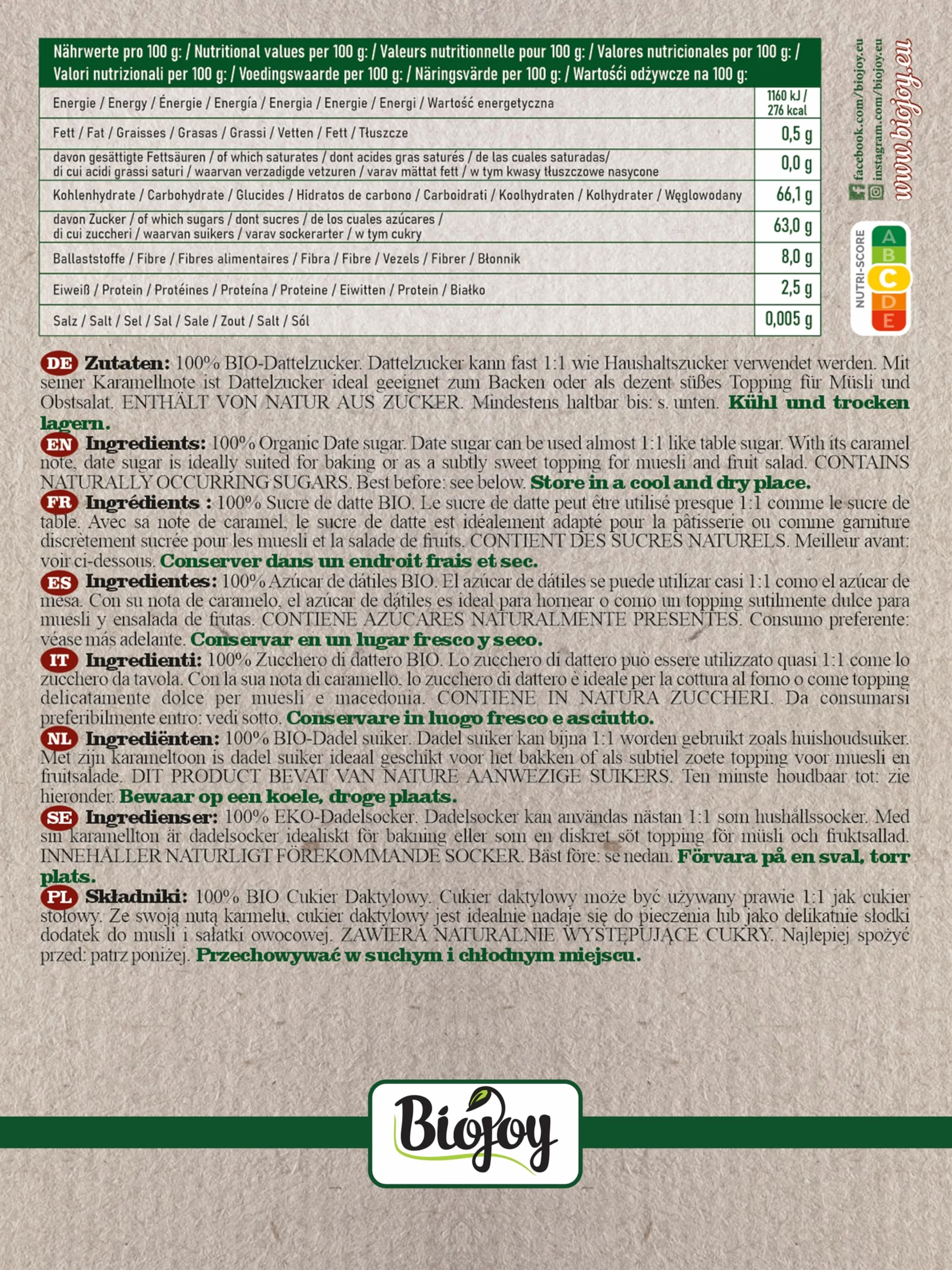 Biojoy BIO-Cukier daktylowy (1 kg), nierafinowany, naturalny i bez dodatków (Phoenix Dactylifera)