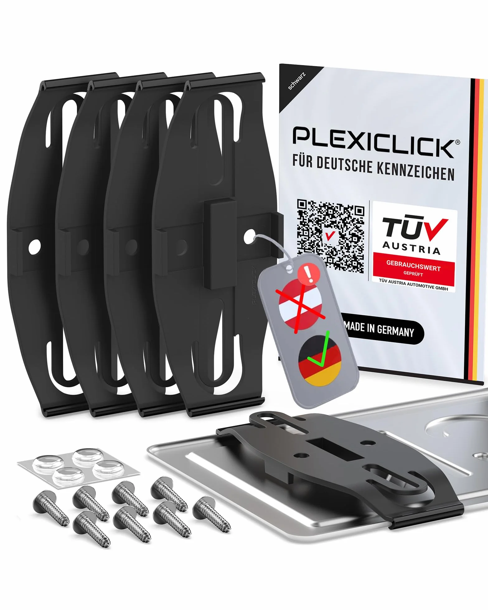 PLEXICLICK® Uchwyt tablicy rejestracyjnej, bez ramy, niewidoczny uchwyt tablicy rejestracyjnej, do pielęgnacji pojazdu, wyłącznie do niemieckich tablic rejestracyjnych