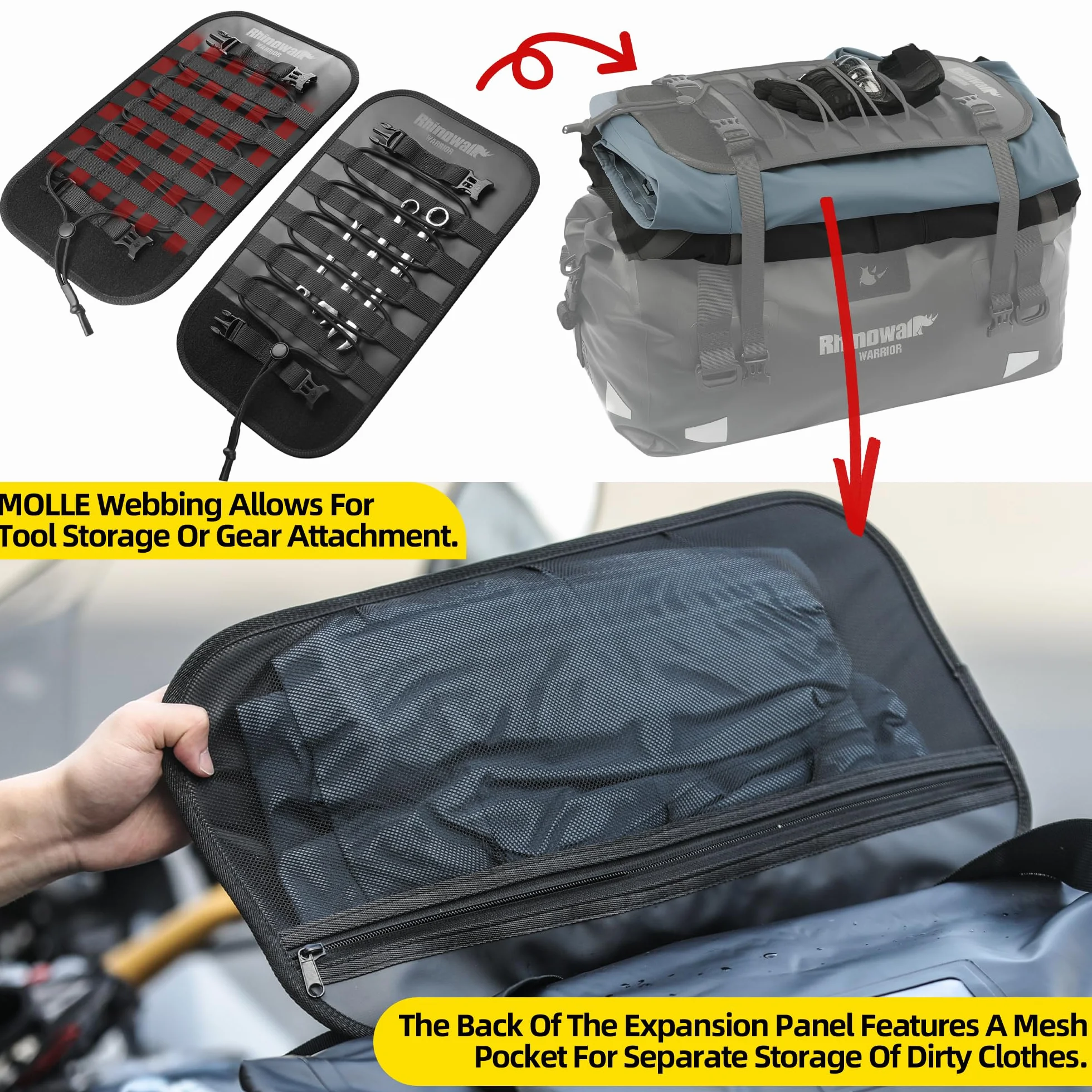 Rhinowalk Wodoodporna torba na tylną torbę motocyklową Duffle z dużą przestrzenią na kemping, pływanie łódką, bycycle, 60 l, czarna