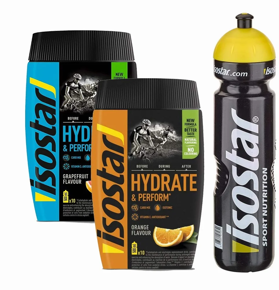 Isostar Hydrate & Perform grejpfrut - pomarańczowy - proszek | 2 sztuki w opakowaniu + oryginalna butelka na napoje 1000 ml |