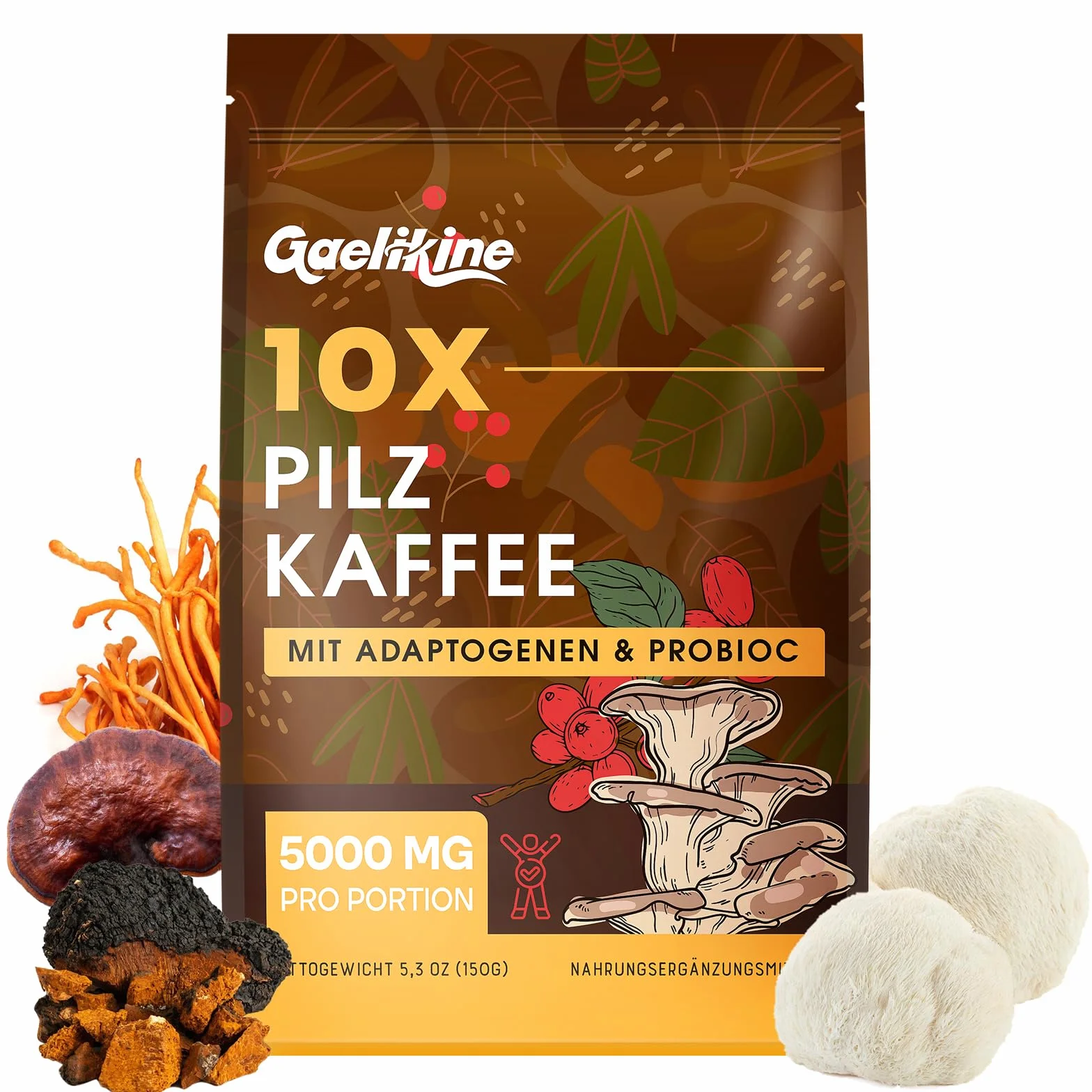 Kawa Grzybowa z Mieszanką Grzybów, Adaptogenami i Probiotykami, Instant Kawa Arabica z Lwią Grzywą, Chagą, Reishi i Cordycepsem, Ekstrakt z Grzybów w Proszku, 150 g