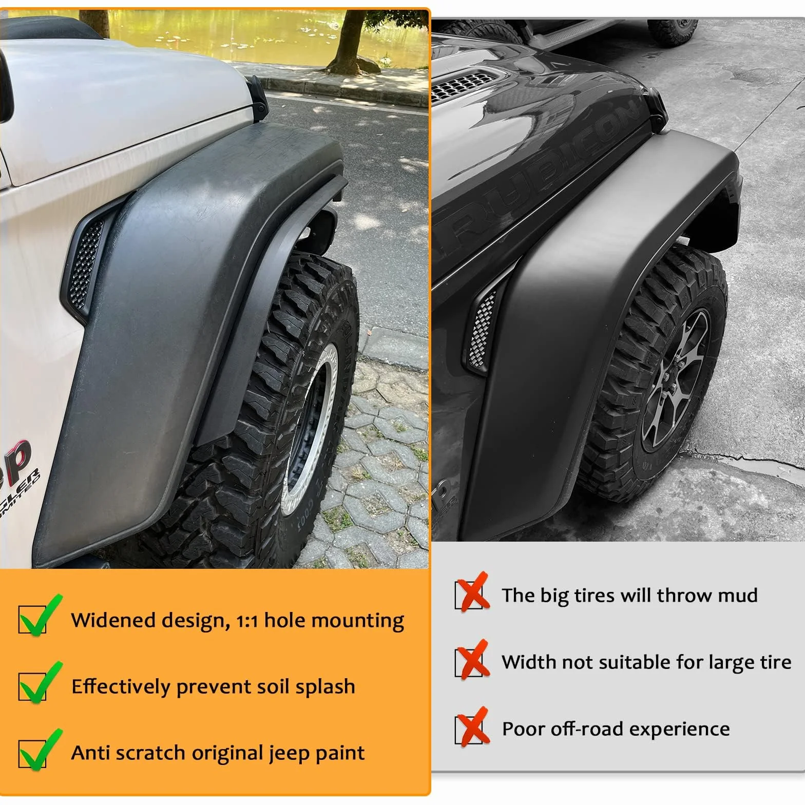 Flary przedniego i tylnego błotnika na lata 2018-2023 Wrangler JL i JLU Unlimited i 2/4 drzwi, wkładka do kół (nie pasuje do błotników o wysokim prześwicie)
