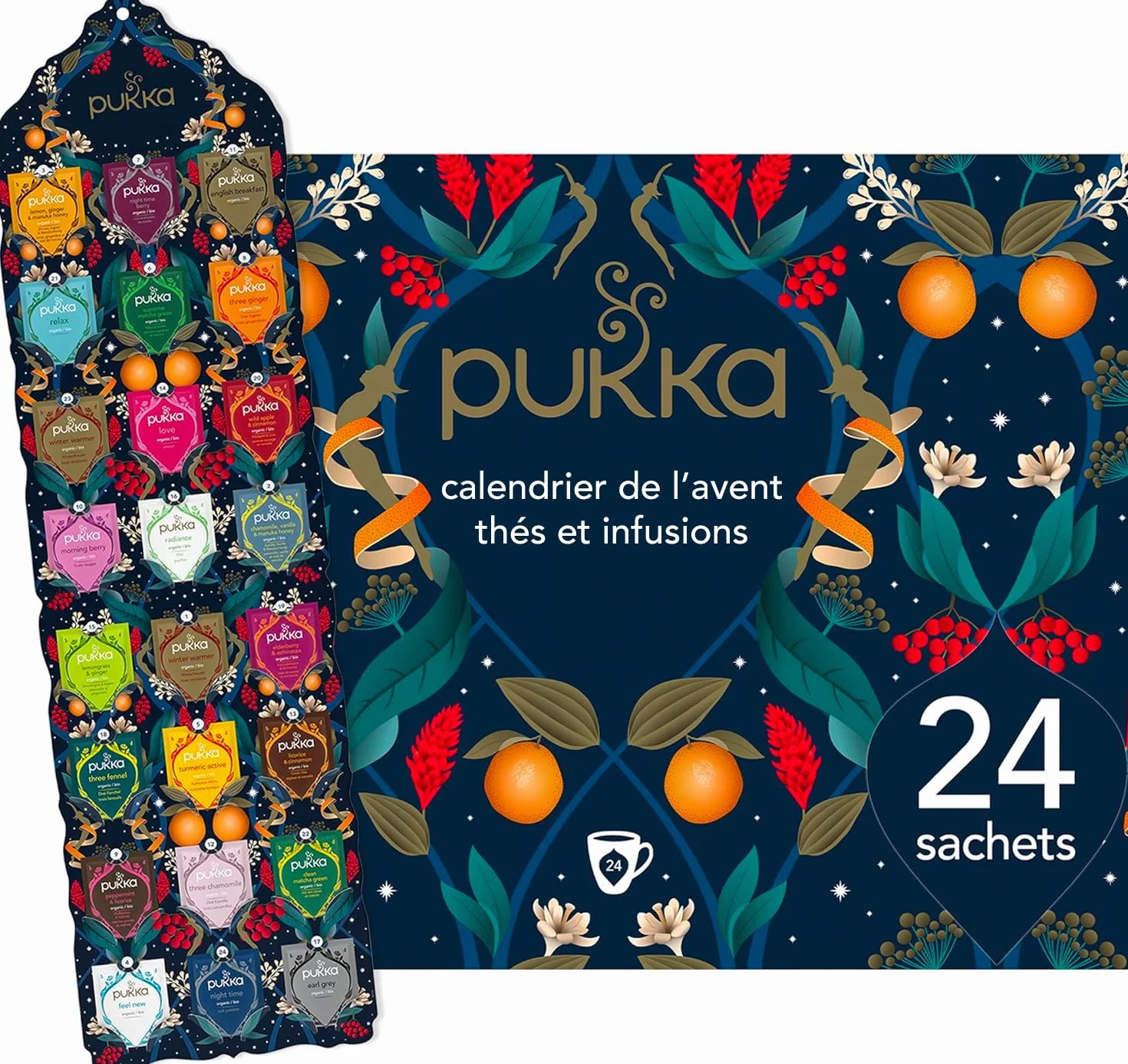 Kalendarz adwentowy Pukka 2023, pomysł na prezent świąteczny, wybór 24 czarno-zielonej herbaty i naparów organicznych, 100% składników z upraw ekologicznych, idealny do zaoferowania, 24 torebki