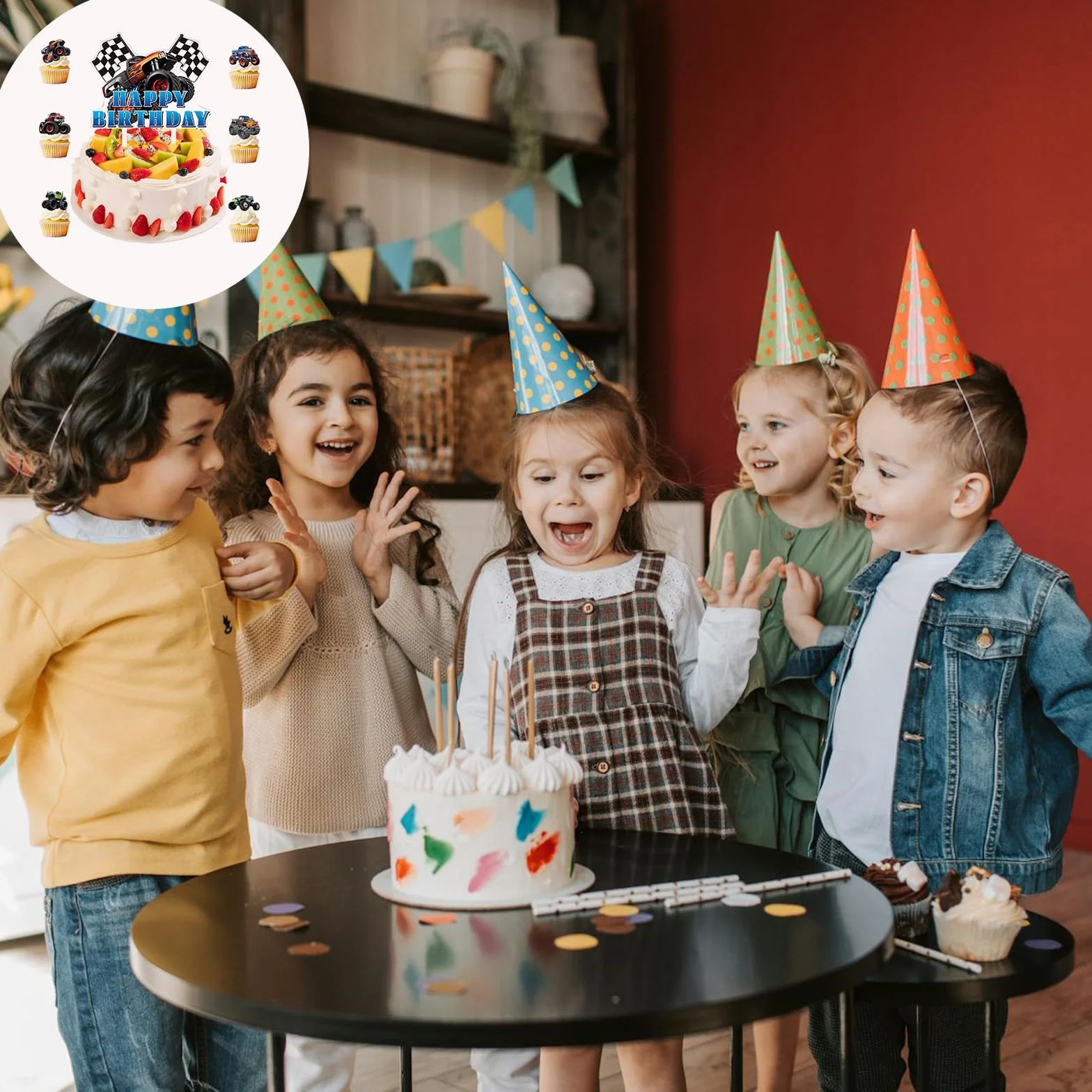 Monster Truck zestaw nakładek na tort – Happy Birthday dla chłopców – dekoracje na muffinki, nakładki na babeczki, akcesoria dla dzieci