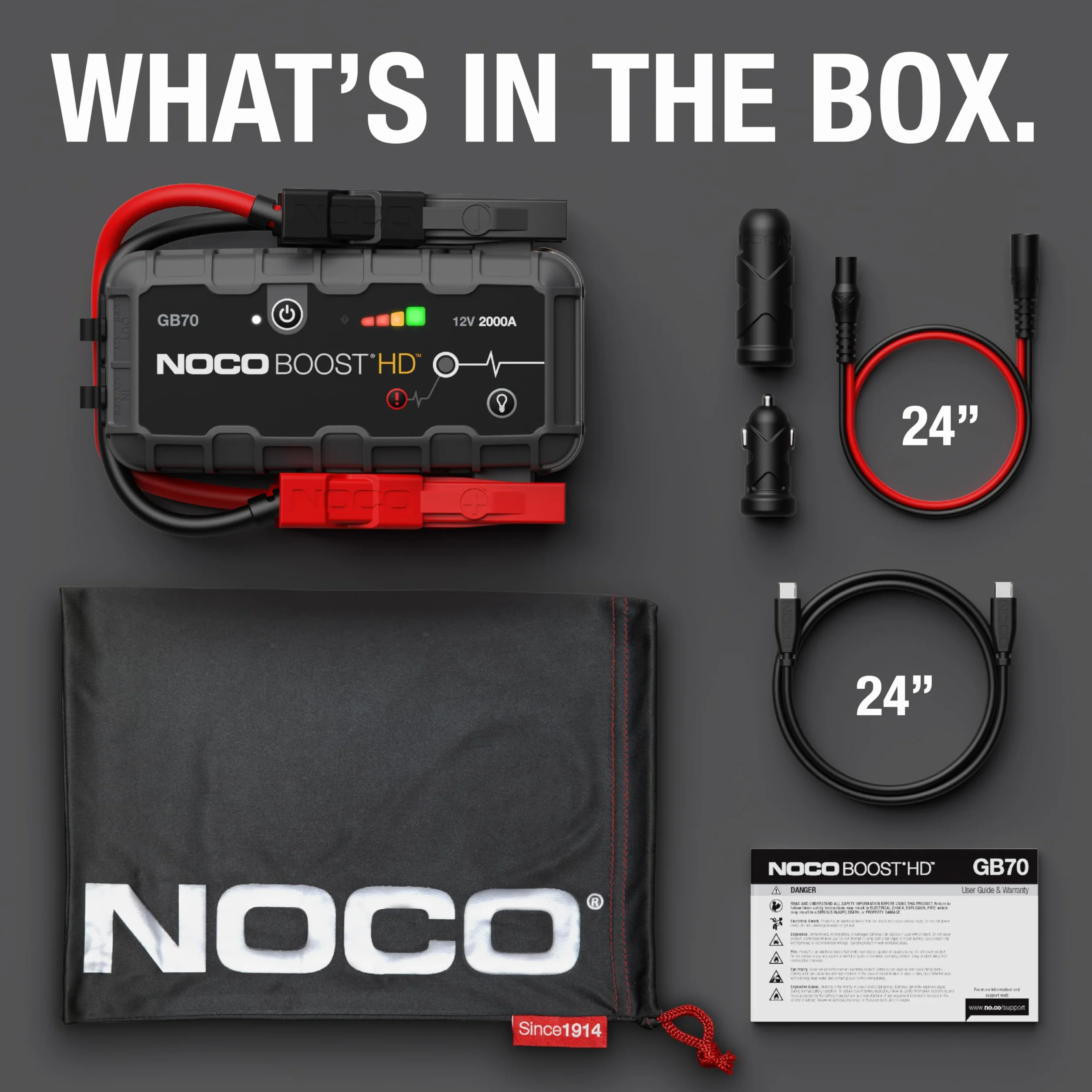 NOCO Boost HD GB70 2000A 12V UltraSafe litowy urządzenie rozruchowe, booster do akumulatora I kable rozruchowe do 8,0-litrowych silników benzynowych i 6,0-litrowych silników wysokoprężnych