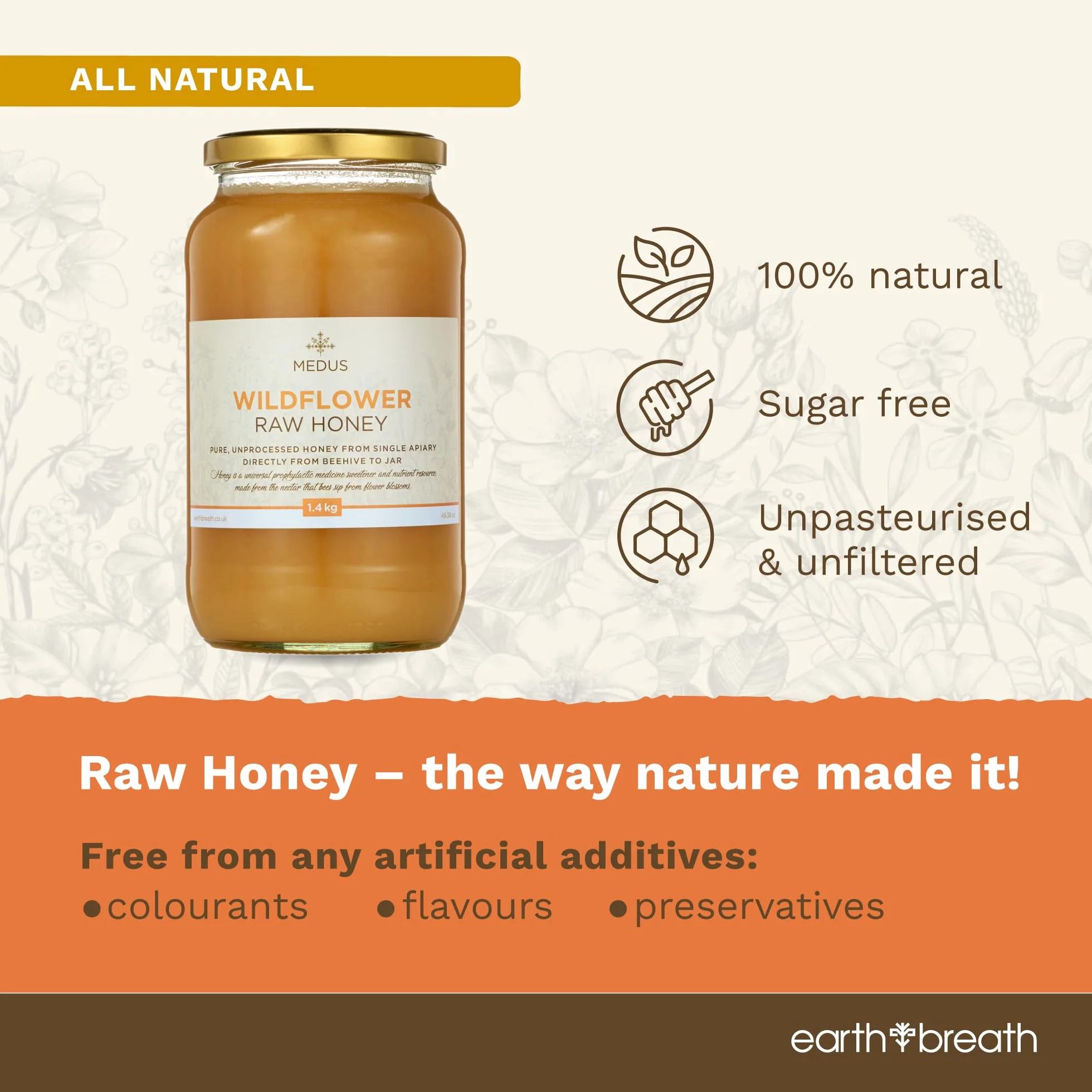 Earthbreath Wildflower Raw Honey 1,4 kg – 100% czysty, naturalny