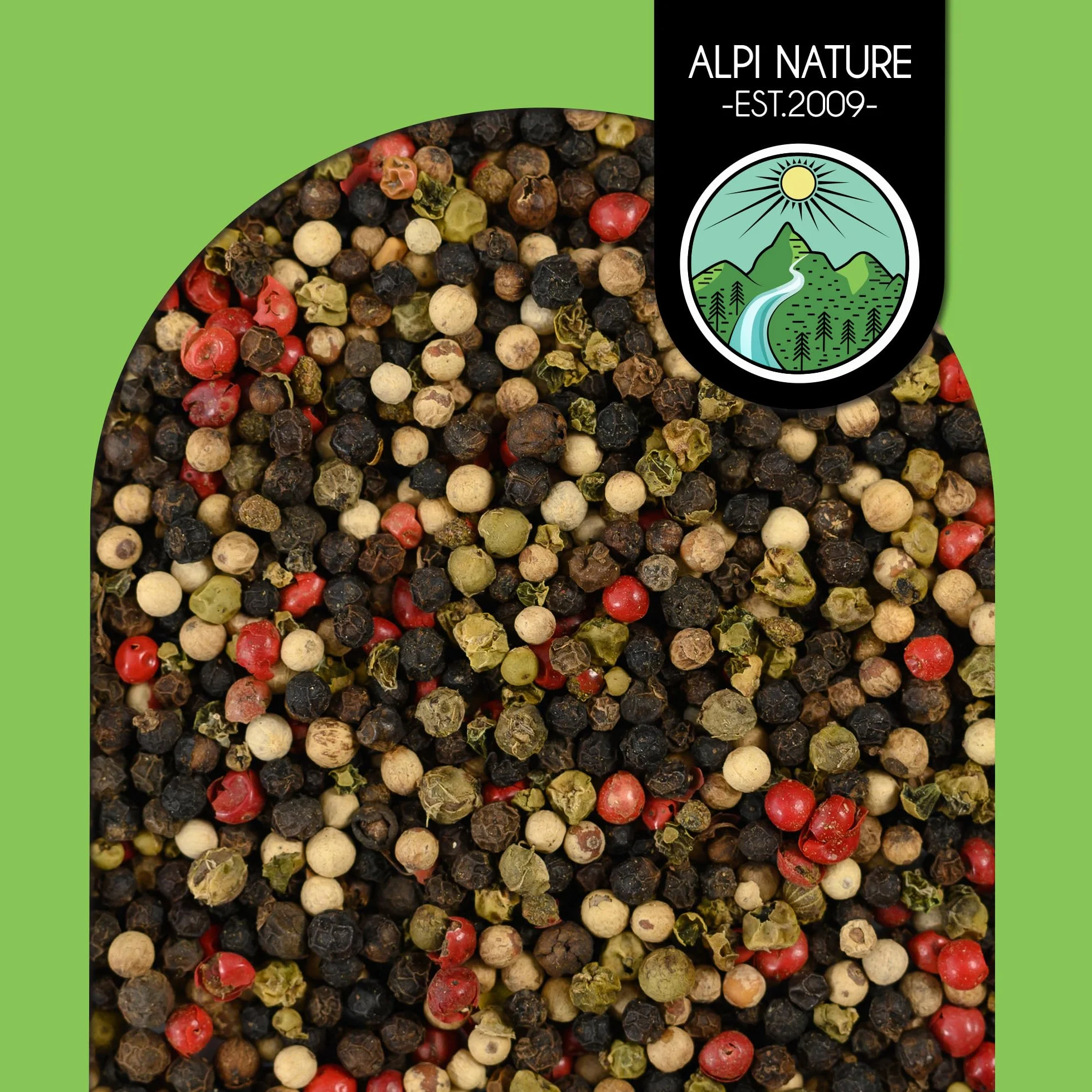 Alpi Nature Mieszanka Ziaren Pieprzu 100g, Całe Ziarna Czarnego, Białego, Różowego i Zielonego Pieprzu