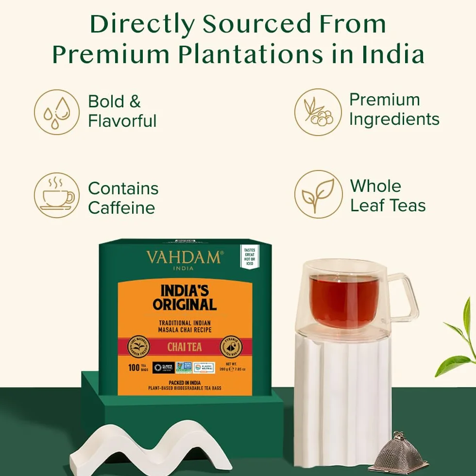 VAHDAM, Indyjska oryginalna torebka herbaty Masala Chai (100 torebek herbaty piramidowej), 100% naturalne przyprawy – czarna herbata, kardamon, cynamon, czarny pieprz i goździki, mieszane i pakowane w