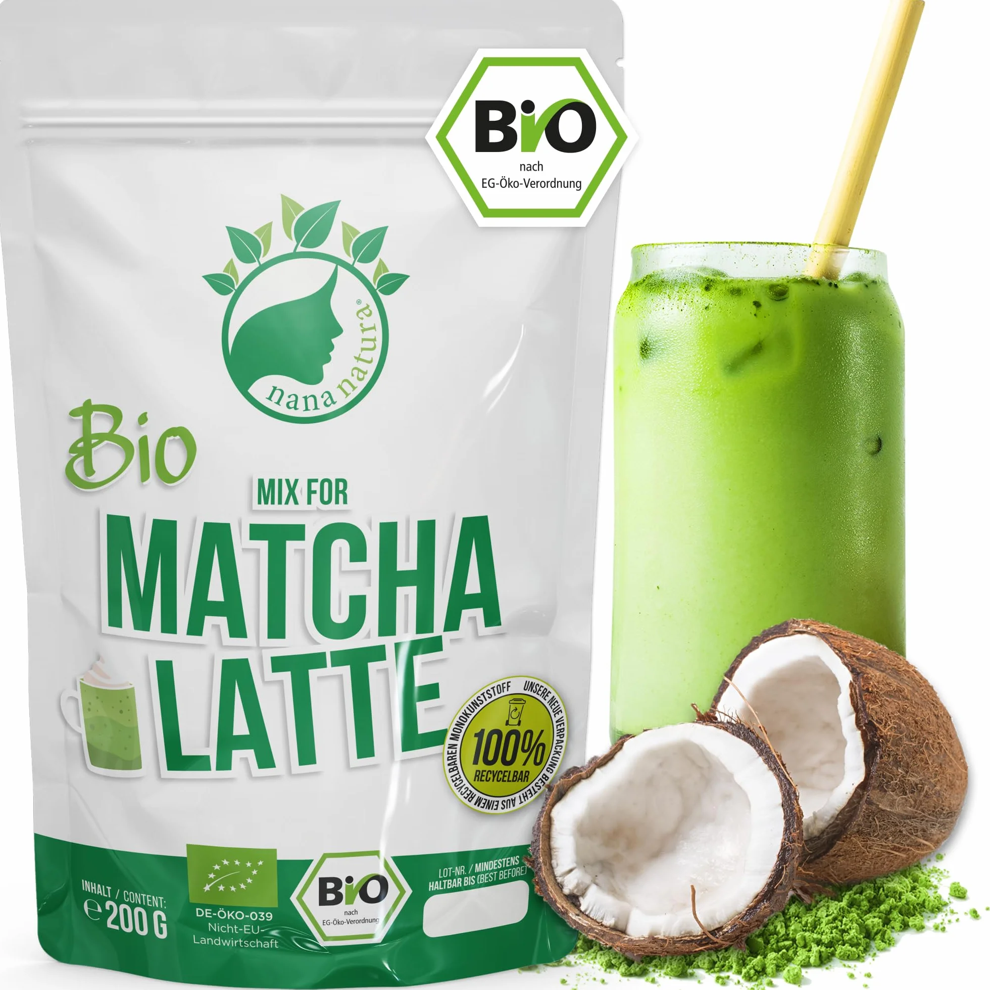 NanaNatura 's Bio Matcha Latte Mix z 22% japońską zieloną herbatą matcha w proszku i cukrem z kwiatami kokosowymi | zapewnia po prostu pyszną przyjemność z herbaty | również do lodów i wypieków