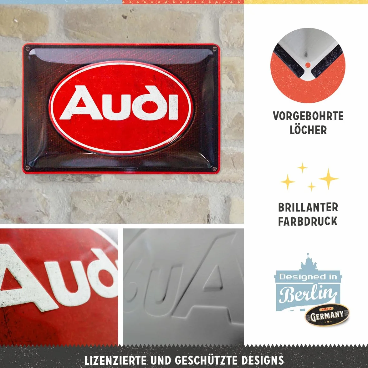Nostalgic-Art Retro tabliczka z blachy, 20 x 30 cm, Audi – Logo Red Shine – Pomysł na prezent dla miłośników Audi, Official License Product (OLP), z metalu, Styl vintage
