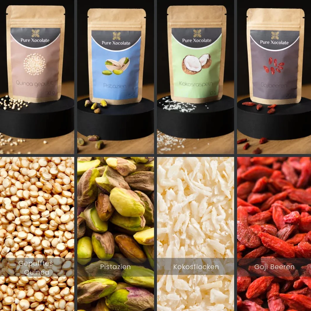 Pure Xocolate Dekoracyjne toppingi – zestaw 12 sztuk, niesłodzone dekoracje do ciast, babeczek, smoothie, czekolady, owsianki, suszone owoce bez dodatków, prezent dla piekarzy hobbystów