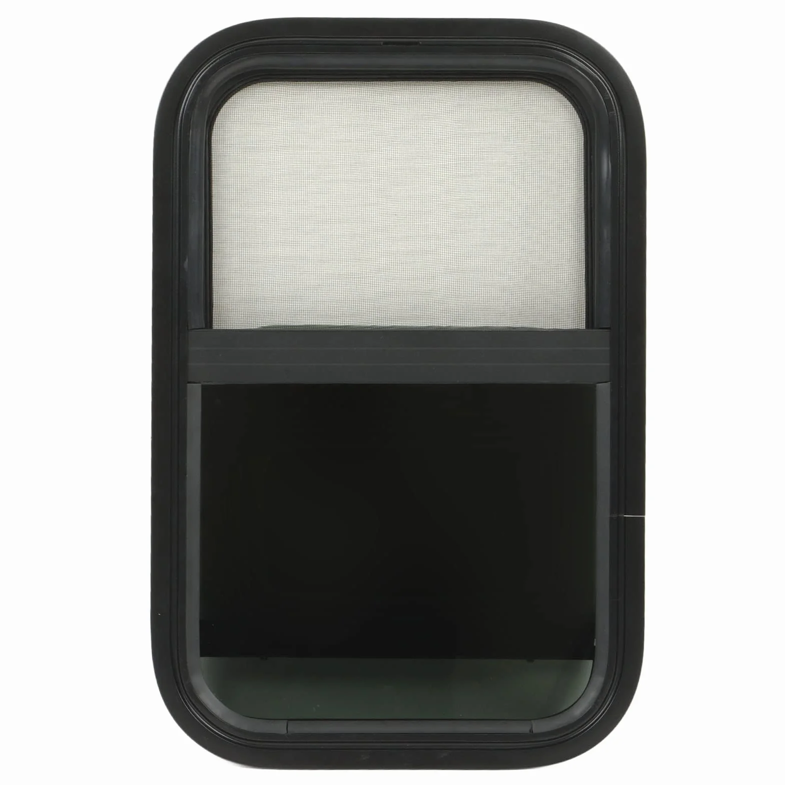 RV Window Replacement, 590x390mm Pionowe Poziome Przesuwne Przyciemniane Szkło Hartowane Okno do Przyczepy Okno do Kampera Zaokrąglone Okna Przesuwne do Pojazdów Inżynieryjnych