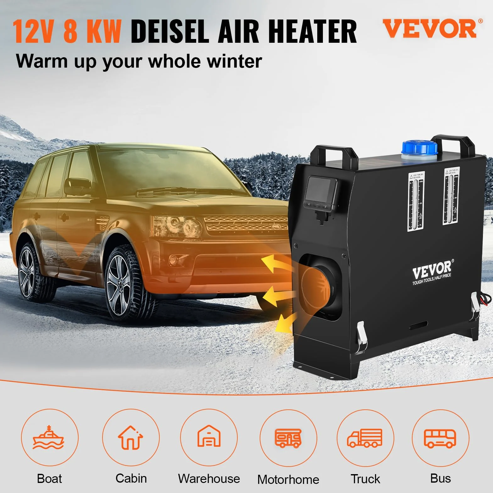 VEVOR Podgrzewacz powietrza na olej napędowy 12 V 8 kW Ogrzewanie stacjonarne Diesel -40°C - 80°C Ogrzewanie postojowe Diesel Statyczne ogrzewanie Van Diesel Nagrzewnica samochodowa (przełącznik LCD)