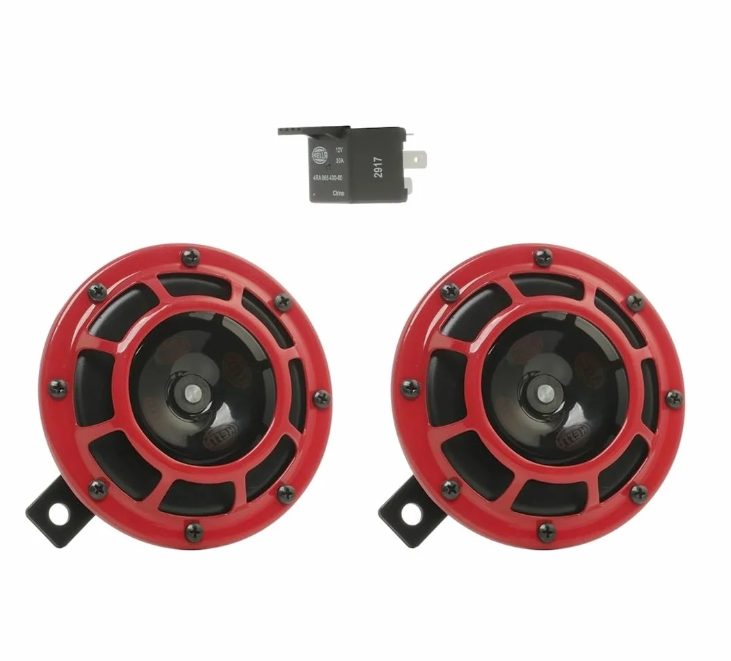 HELLA Klakson B133 Set 12V 118dB 300/500Hz Niski Wysoki Dźwięk Czerwony Czarny Płaski Złącze Przekaźnik