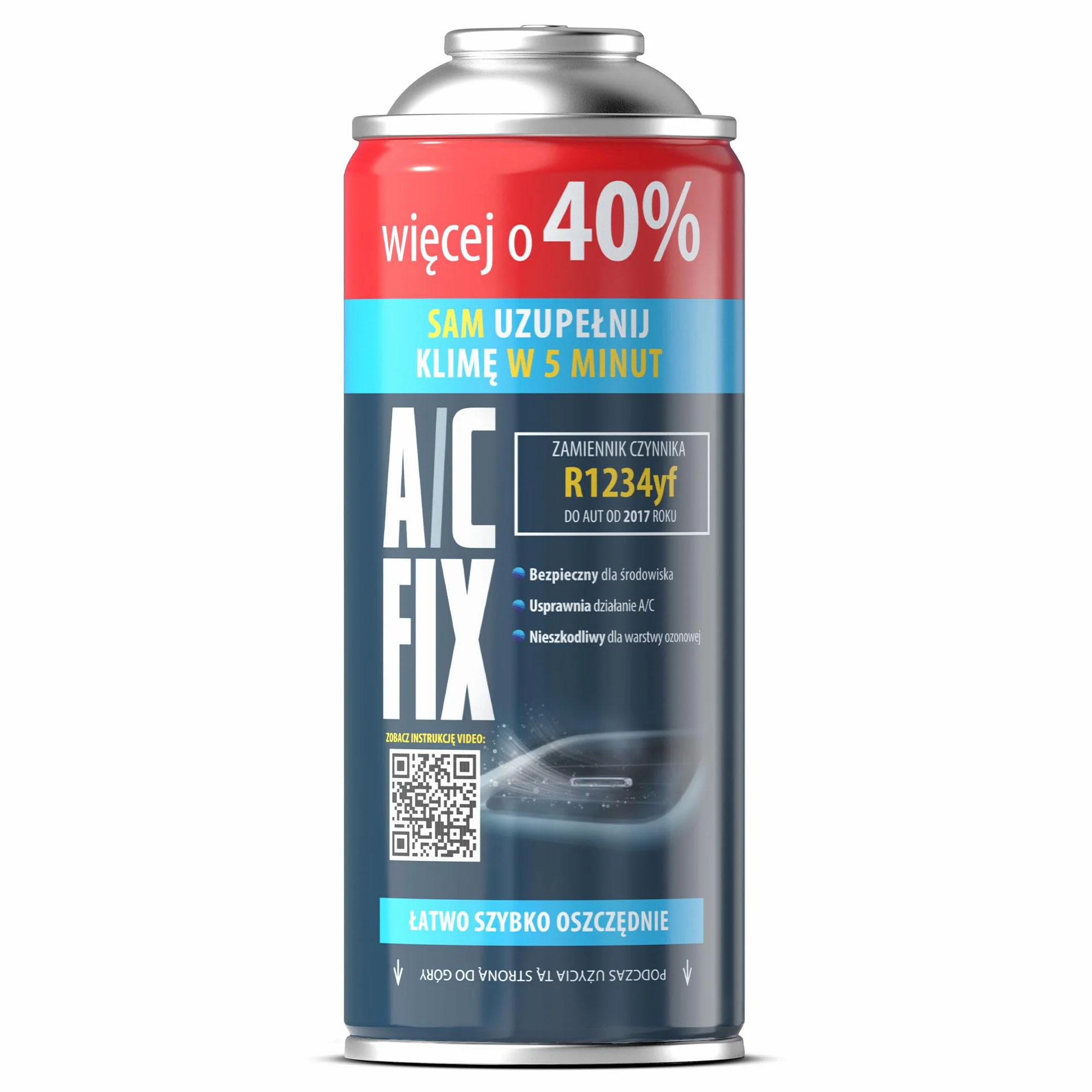 AC FIX 5w1 – Czynnik Chłodniczy R1234yf + 2w1 do Samochodowej Klimatyzacji z Olejem, Uszczelniaczem, Barwnikiem UV, Osuszaczem - Szybka Aplikacja - Chroni Sprężarkę